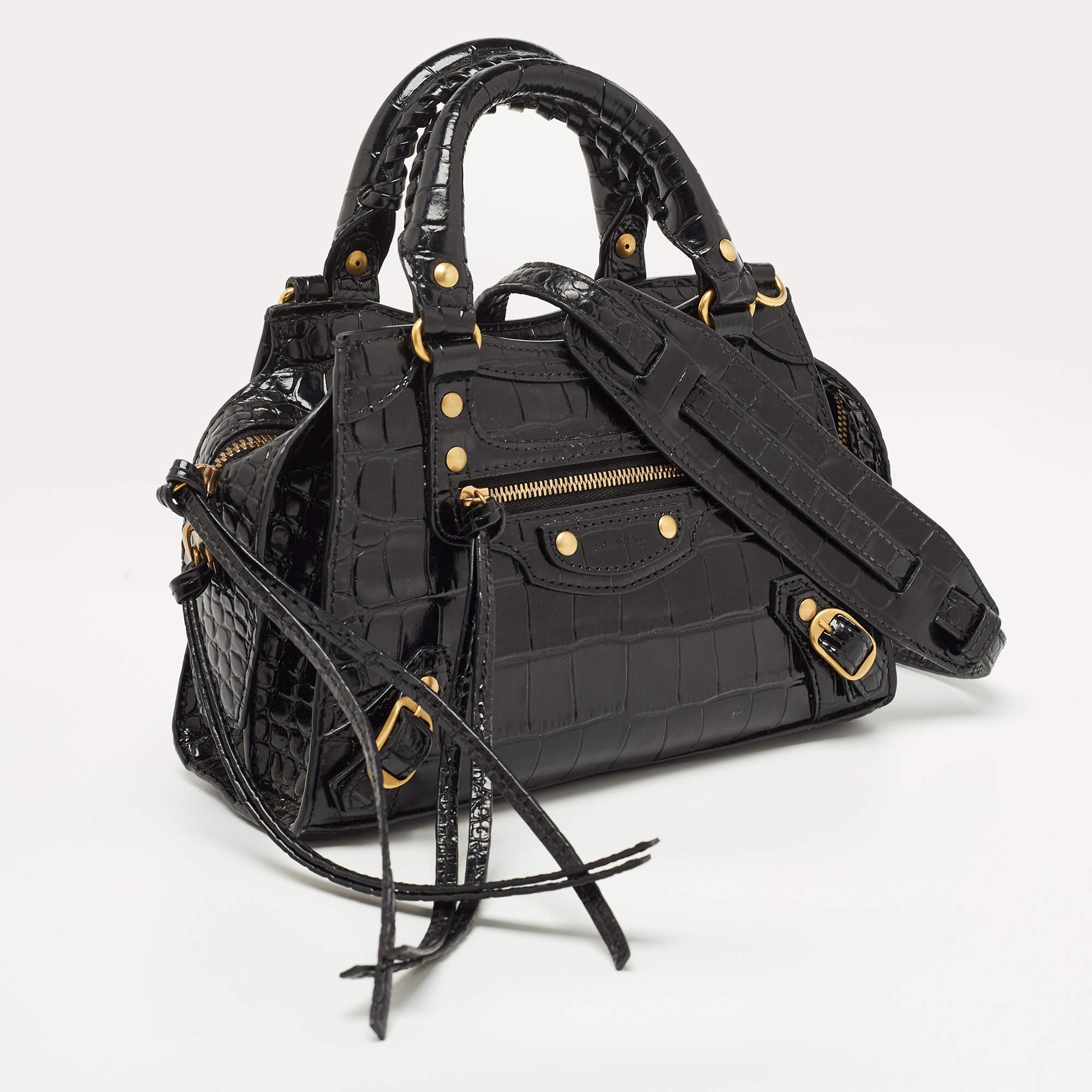 Women's Balenciaga Black Croc Embossed Leather Mini Neo Classic Bag