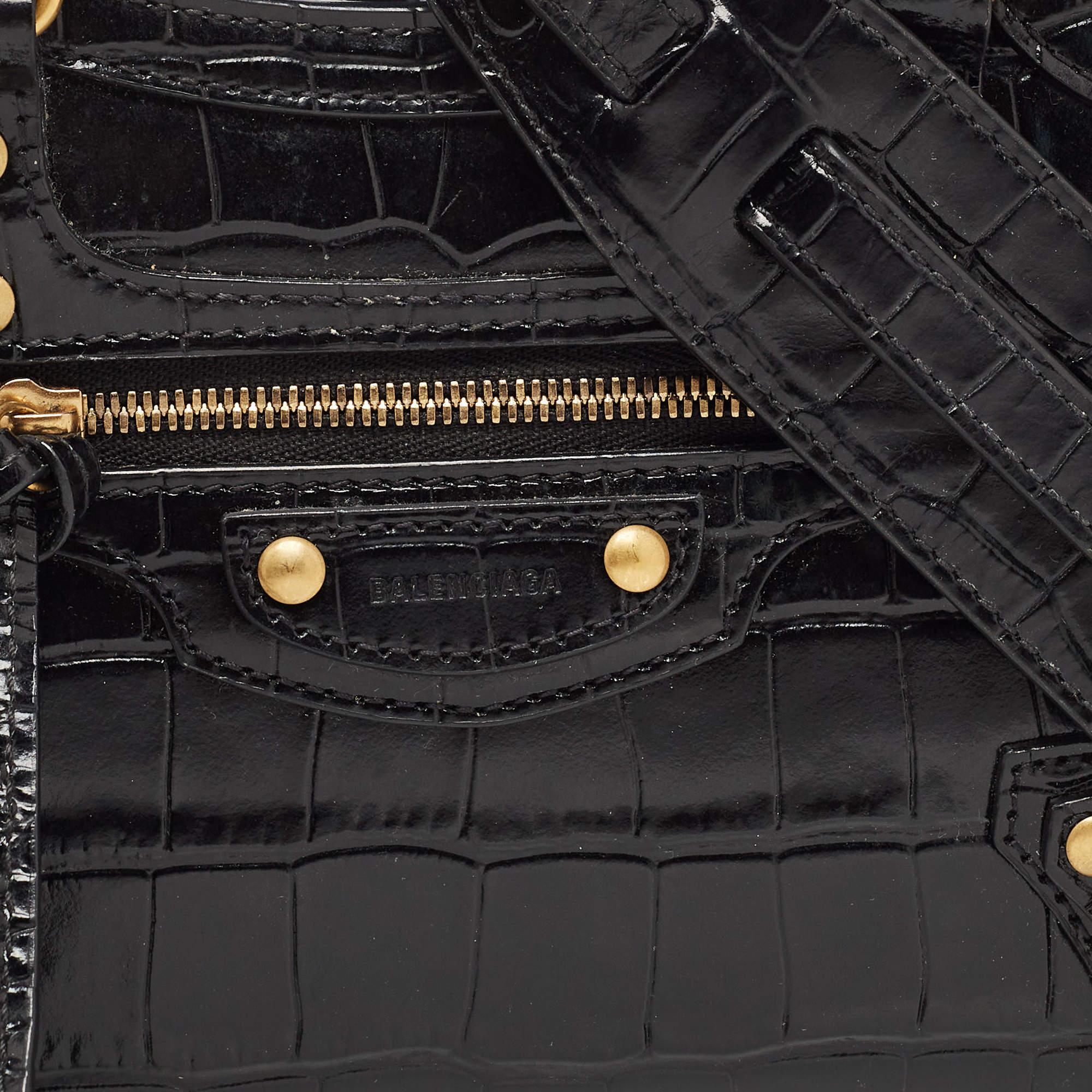 Balenciaga Black Croc Embossed Leather Mini Neo Classic Bag 4