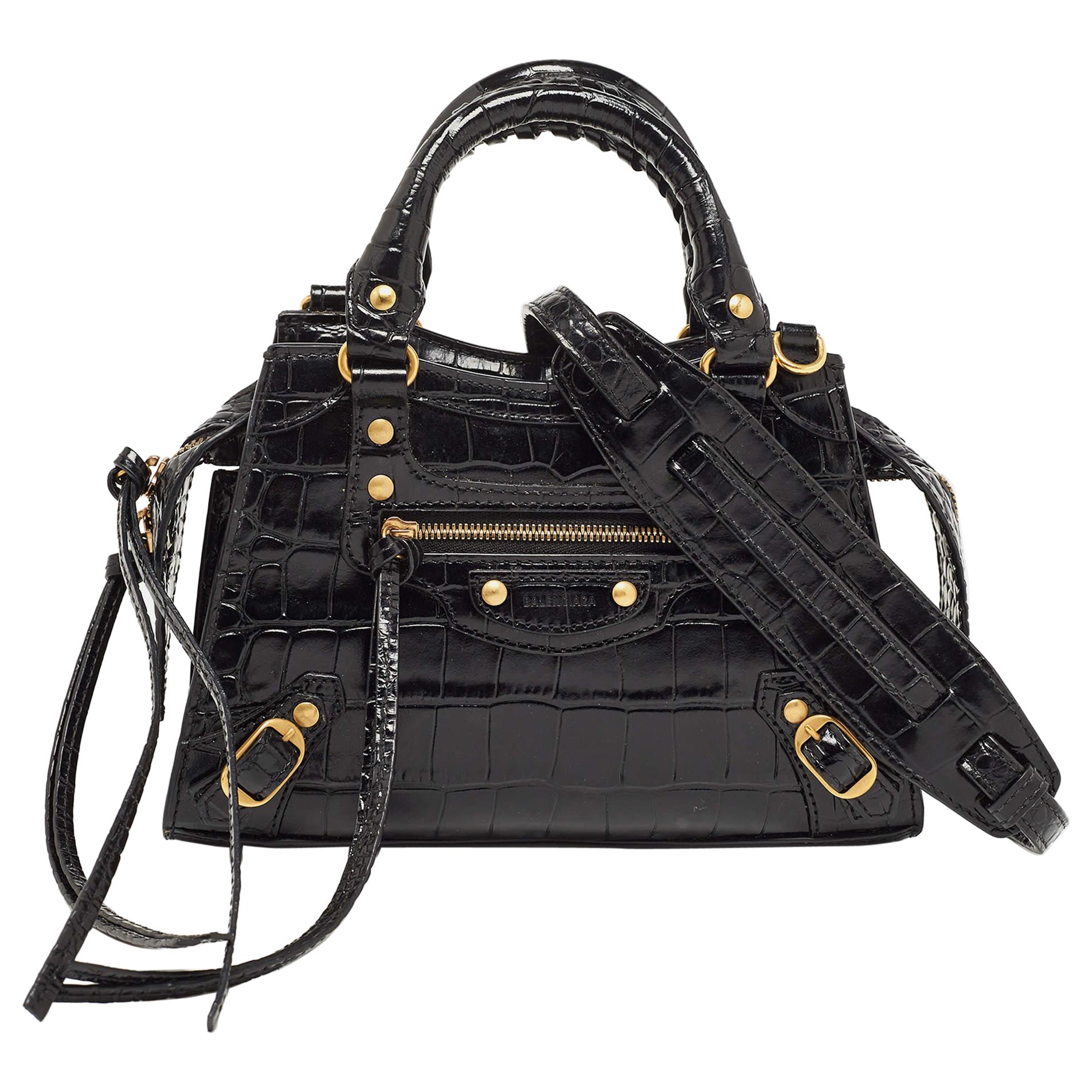 Balenciaga Black Croc Embossed Leather Mini Neo Classic Bag
