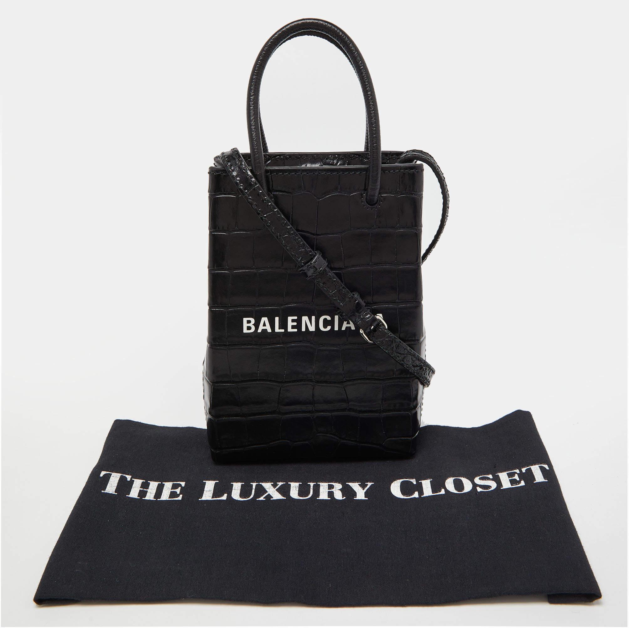 Balenciaga Black Croc Embossed Leather Phone Holder Crossbody Bag 7