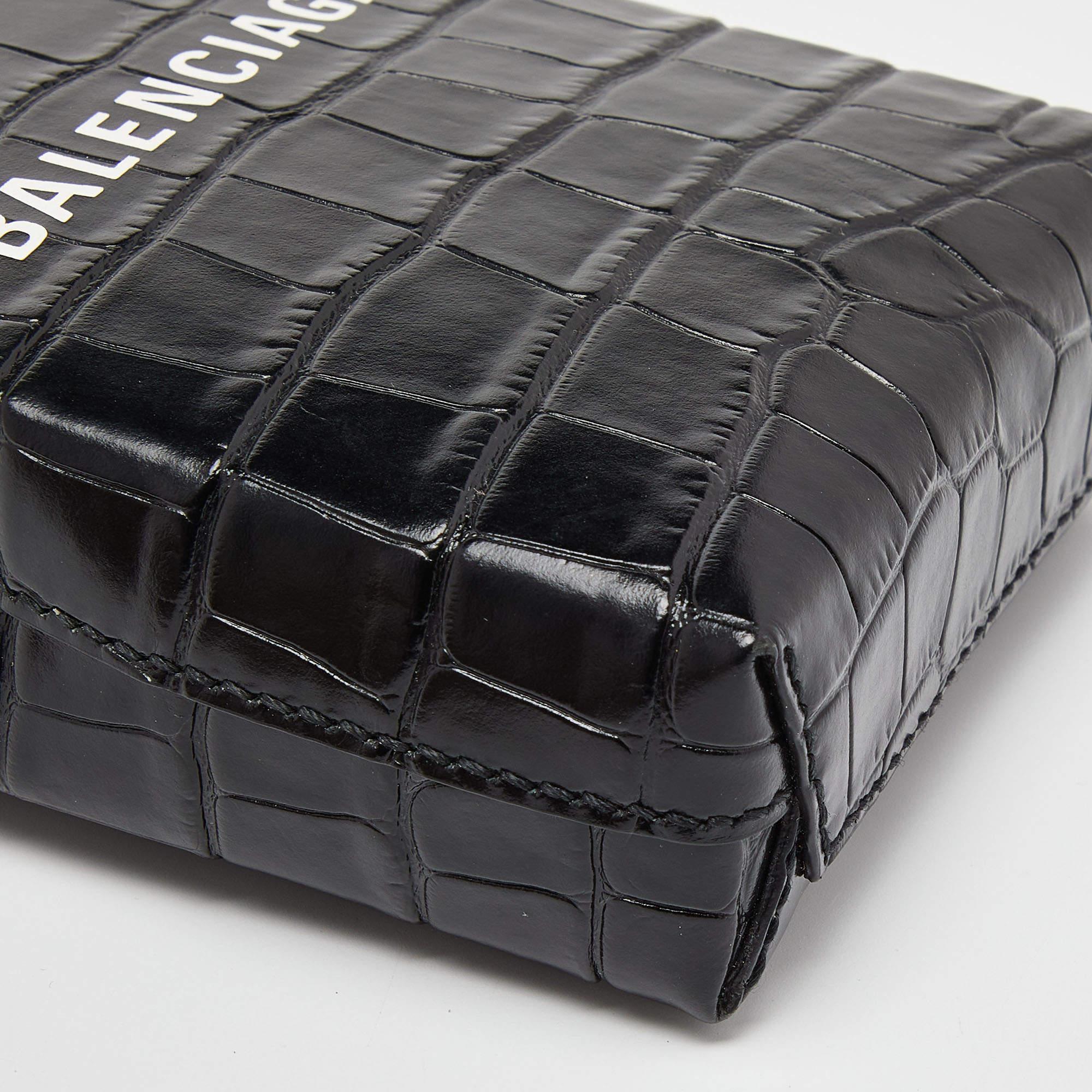 Balenciaga Black Croc Embossed Leather Phone Holder Crossbody Bag 2