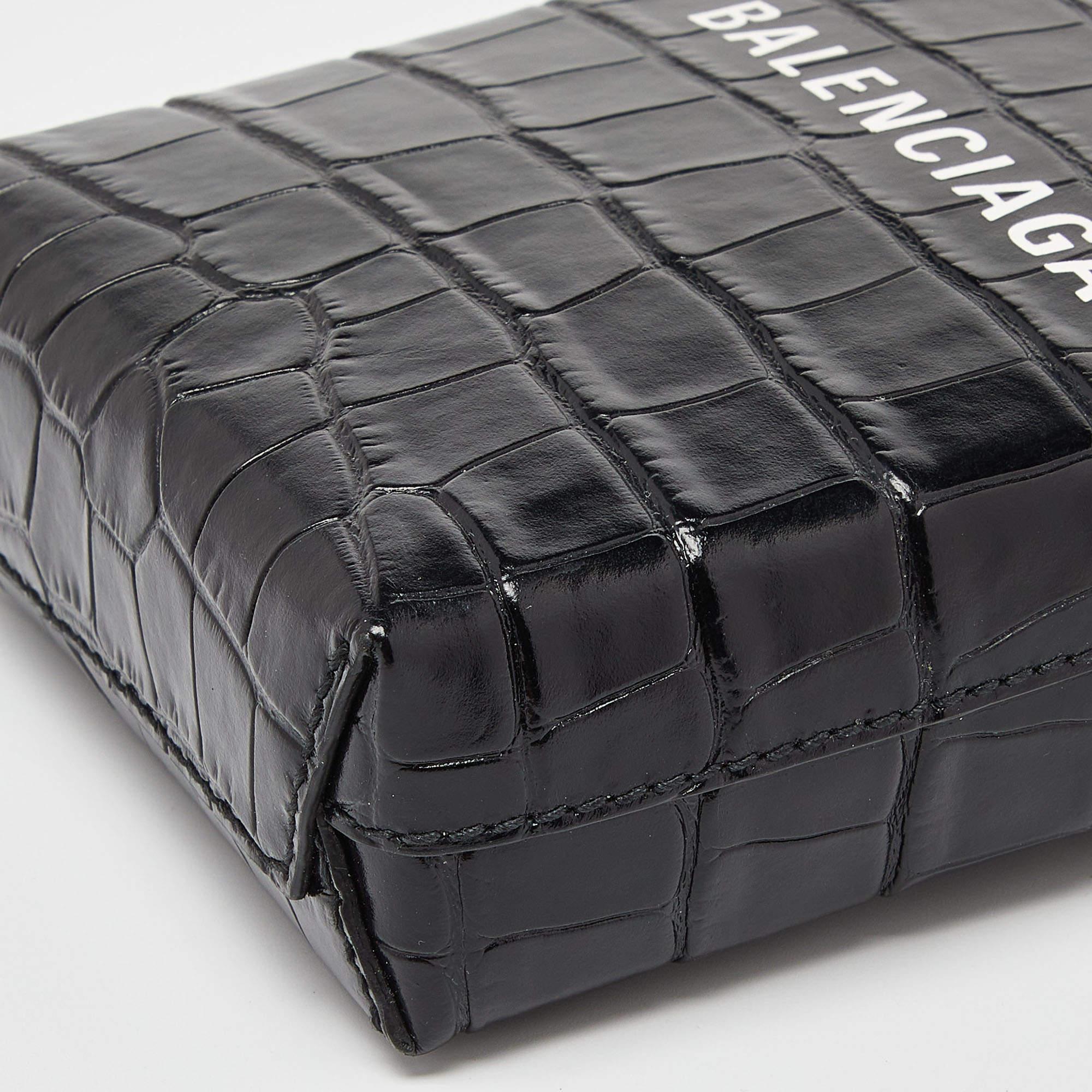 Balenciaga Black Croc Embossed Leather Phone Holder Crossbody Bag 4