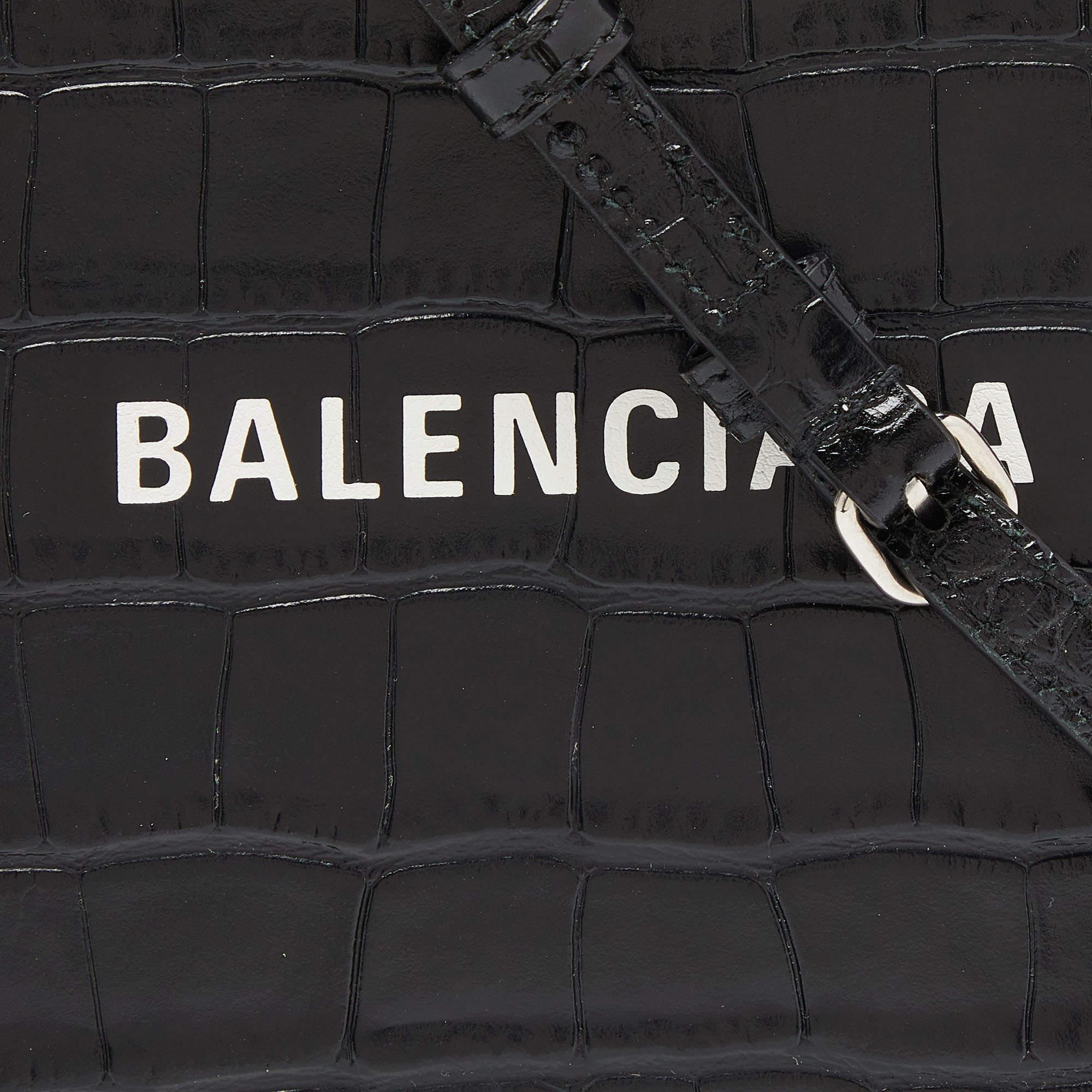 Balenciaga Black Croc Embossed Leather Phone Holder Crossbody Bag 5