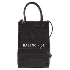 Balenciaga Black Croc Embossed Phone Holder Leather Crossbody Bag