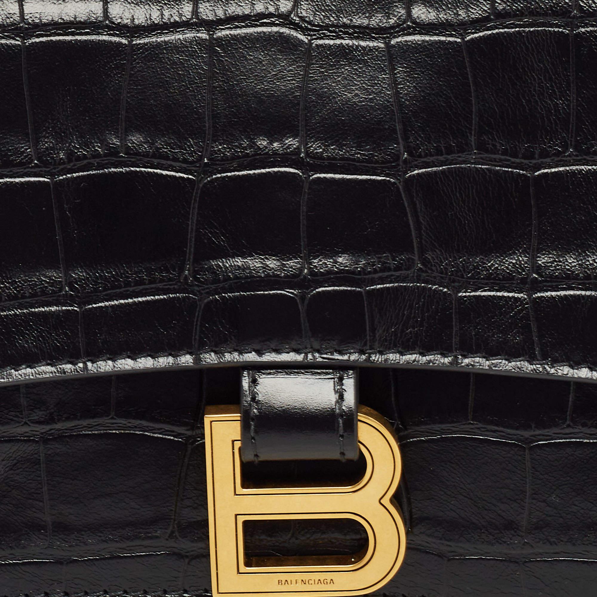 Balenciaga Black Croc Embossed Leather Small Crush Bag 11