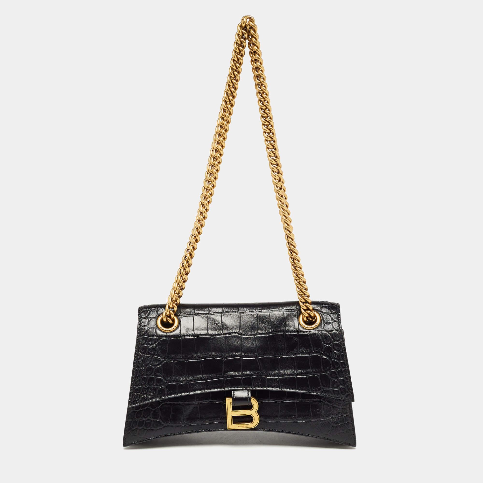 Balenciaga Black Croc Embossed Leather Small Crush Bag 3