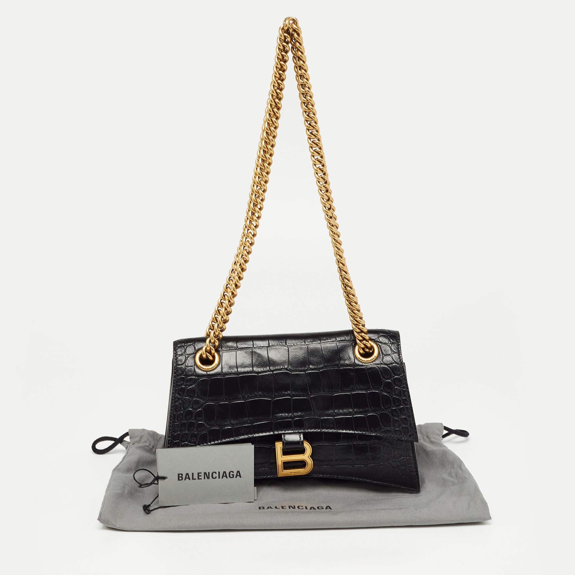 Balenciaga Black Croc Embossed Leather Small Crush Bag 4
