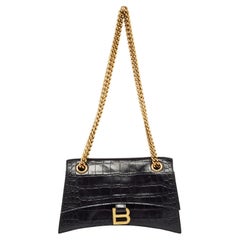 Balenciaga Black Croc Embossed Leather Small Crush Bag