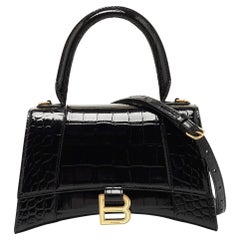 Balenciaga Black Croc Embossed Leather Small Hourglass Box Top Handle Bag