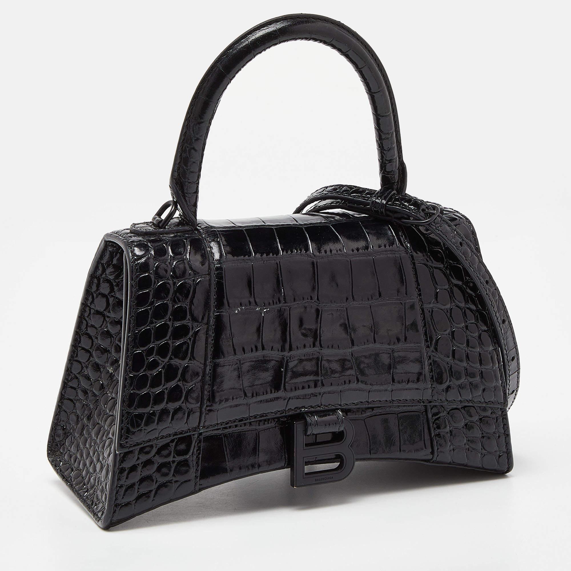 Balenciaga Black Croc Embossed Leather Small Hourglass Top Handle Bag 6