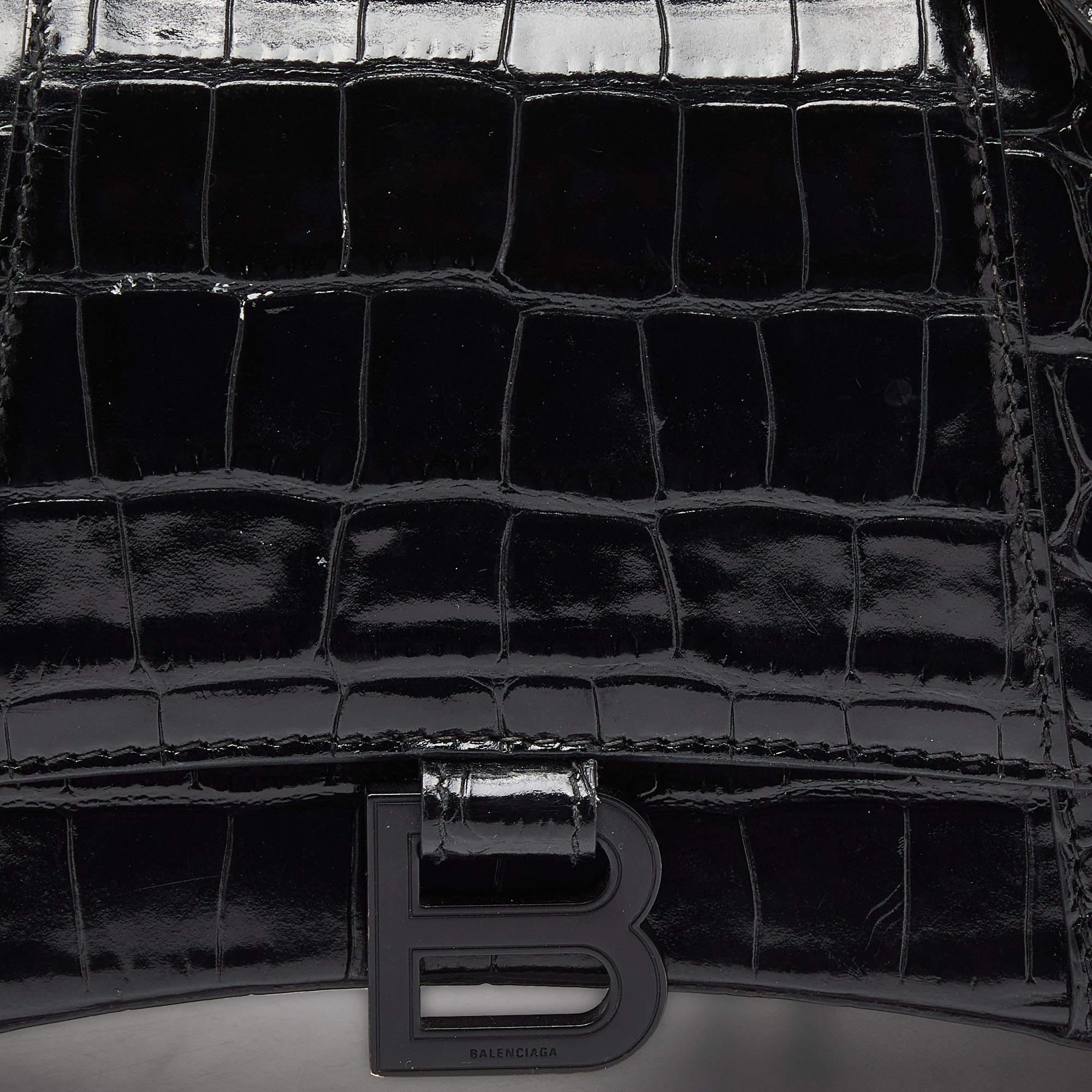 Balenciaga Black Croc Embossed Leather Small Hourglass Top Handle Bag 7