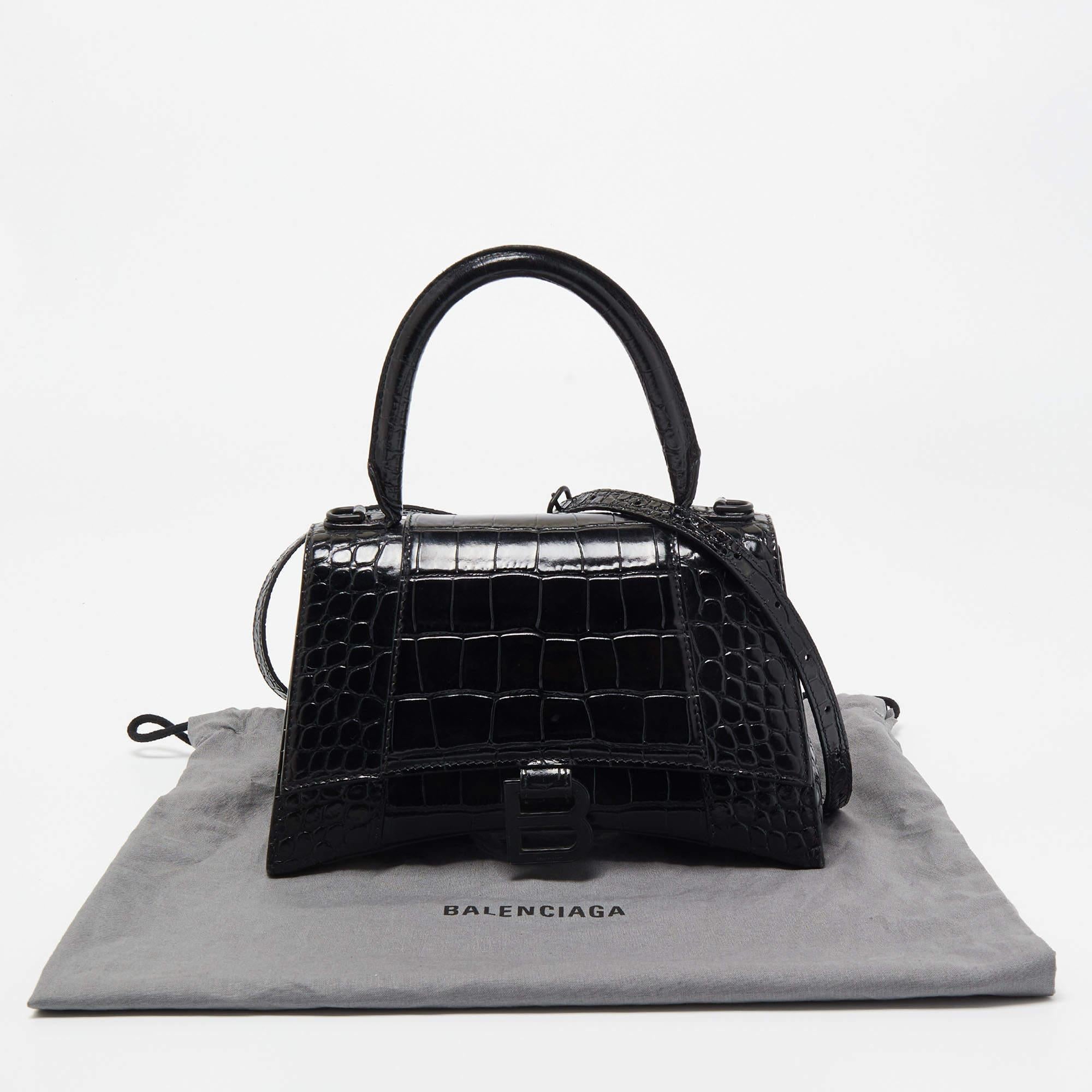 Balenciaga Black Croc Embossed Leather Small Hourglass Top Handle Bag 9