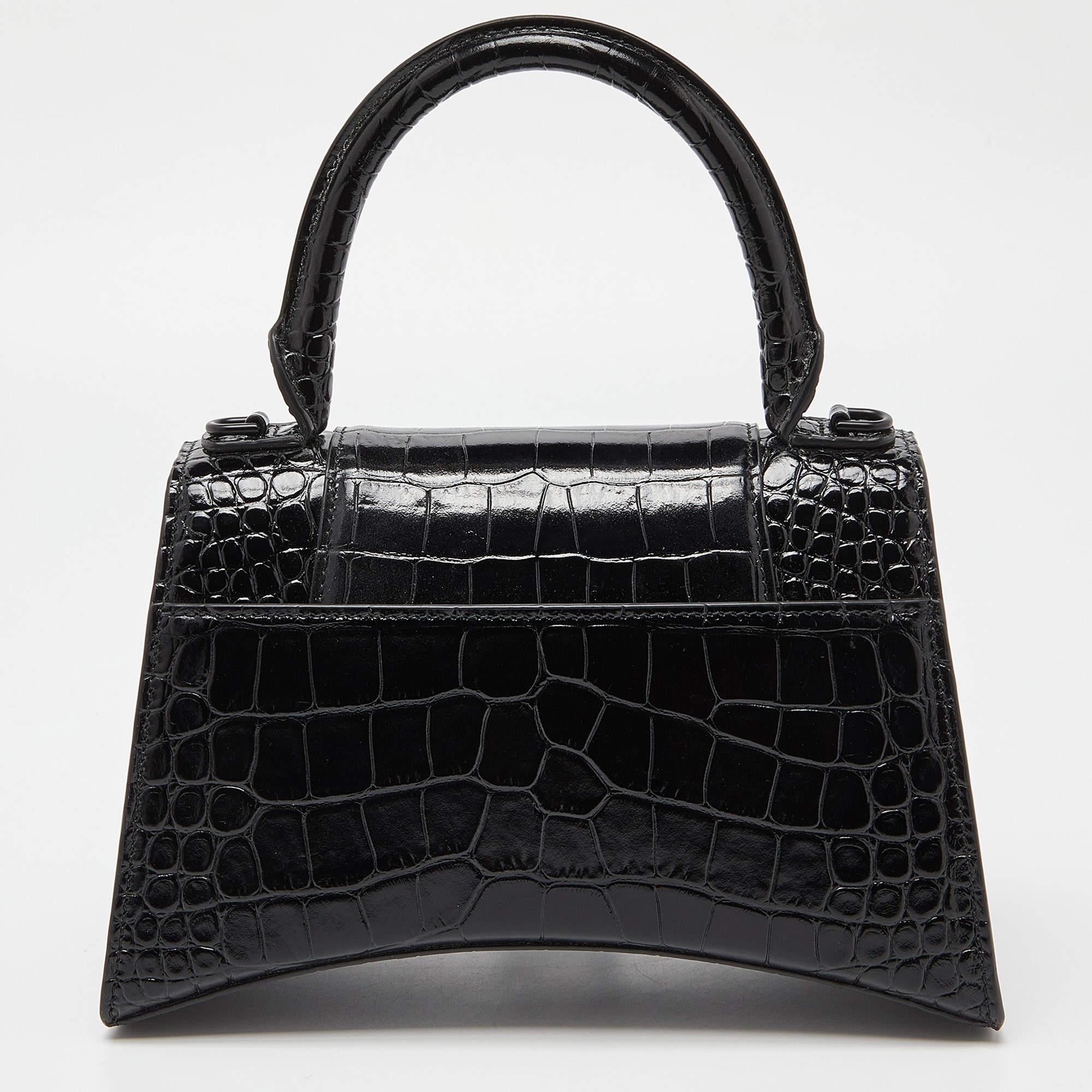 Balenciaga Black Croc Embossed Leather Small Hourglass Top Handle Bag In Good Condition In Dubai, Al Qouz 2