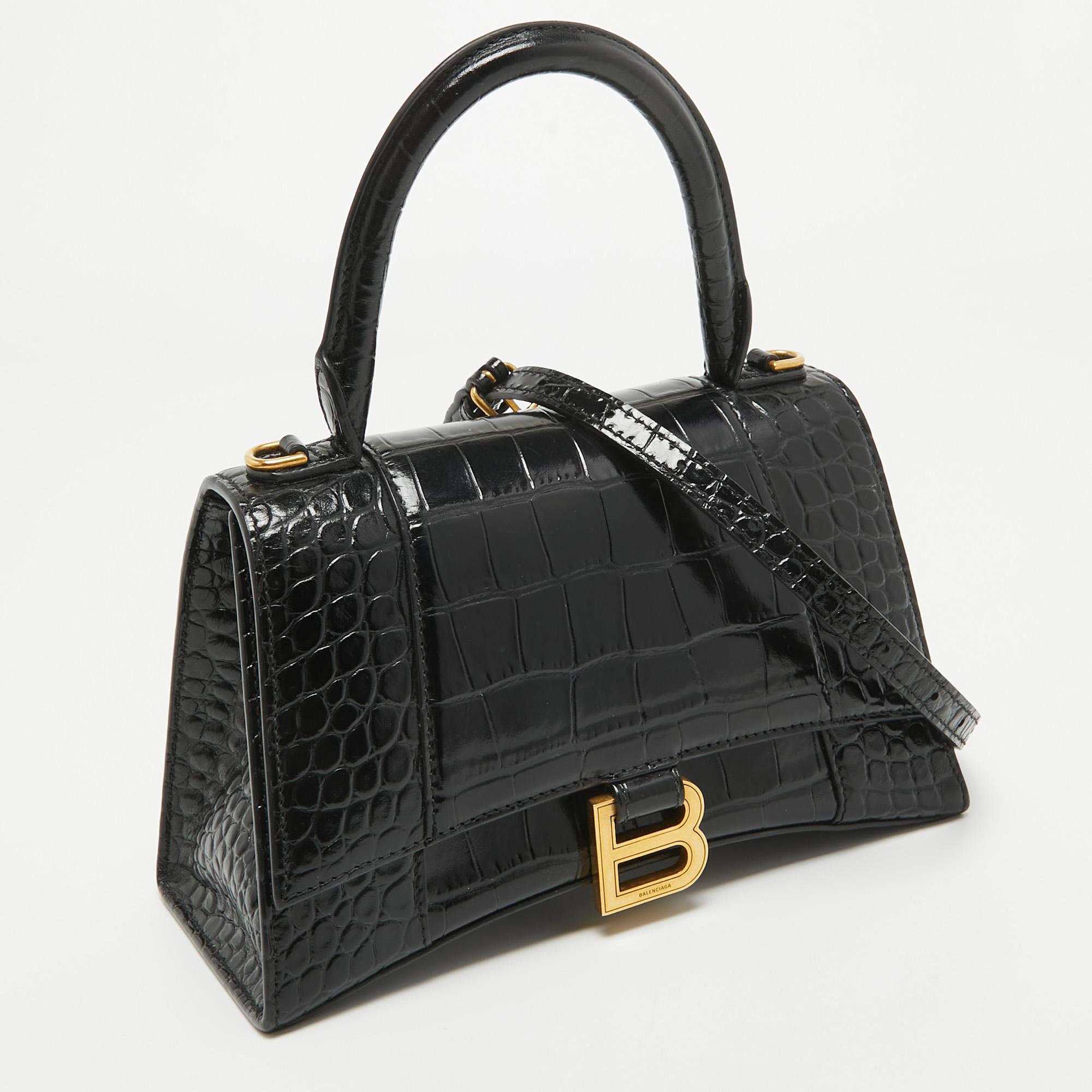 Balenciaga Black Croc Embossed Leather Small Hourglass Top Handle Bag In Good Condition In Dubai, Al Qouz 2