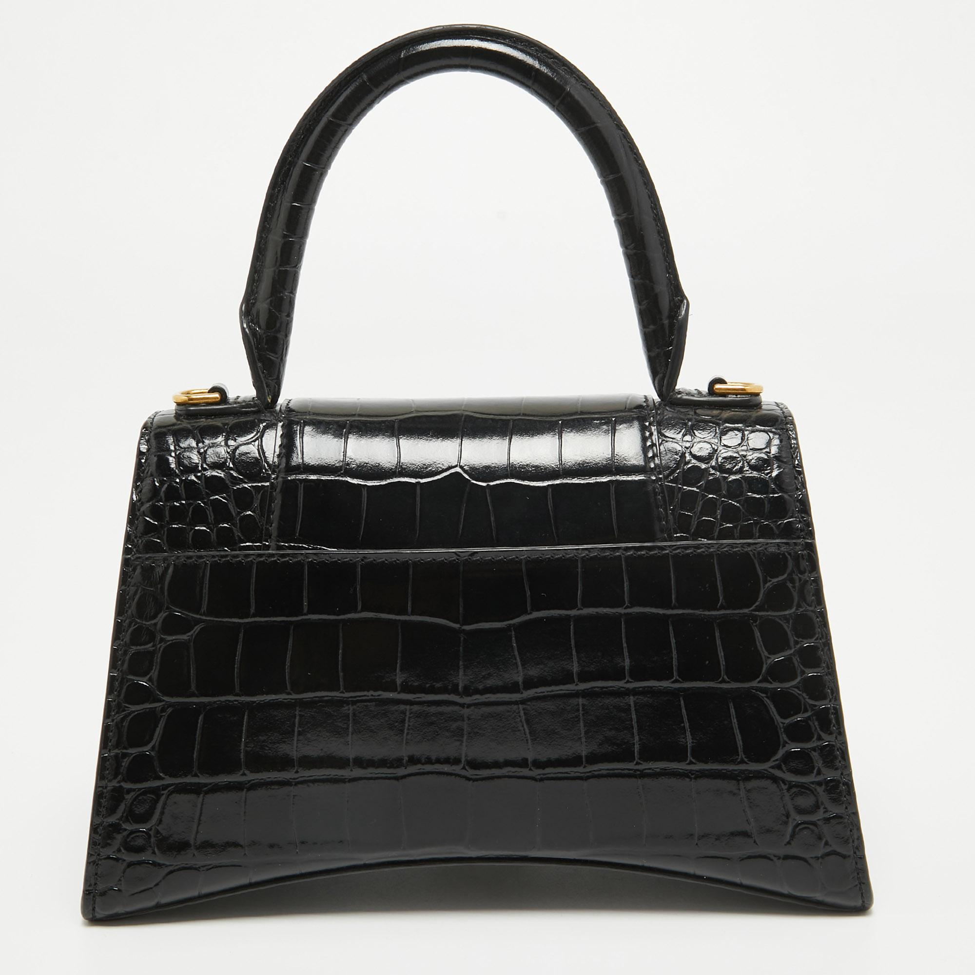Women's Balenciaga Black Croc Embossed Leather Small Hourglass Top Handle Bag