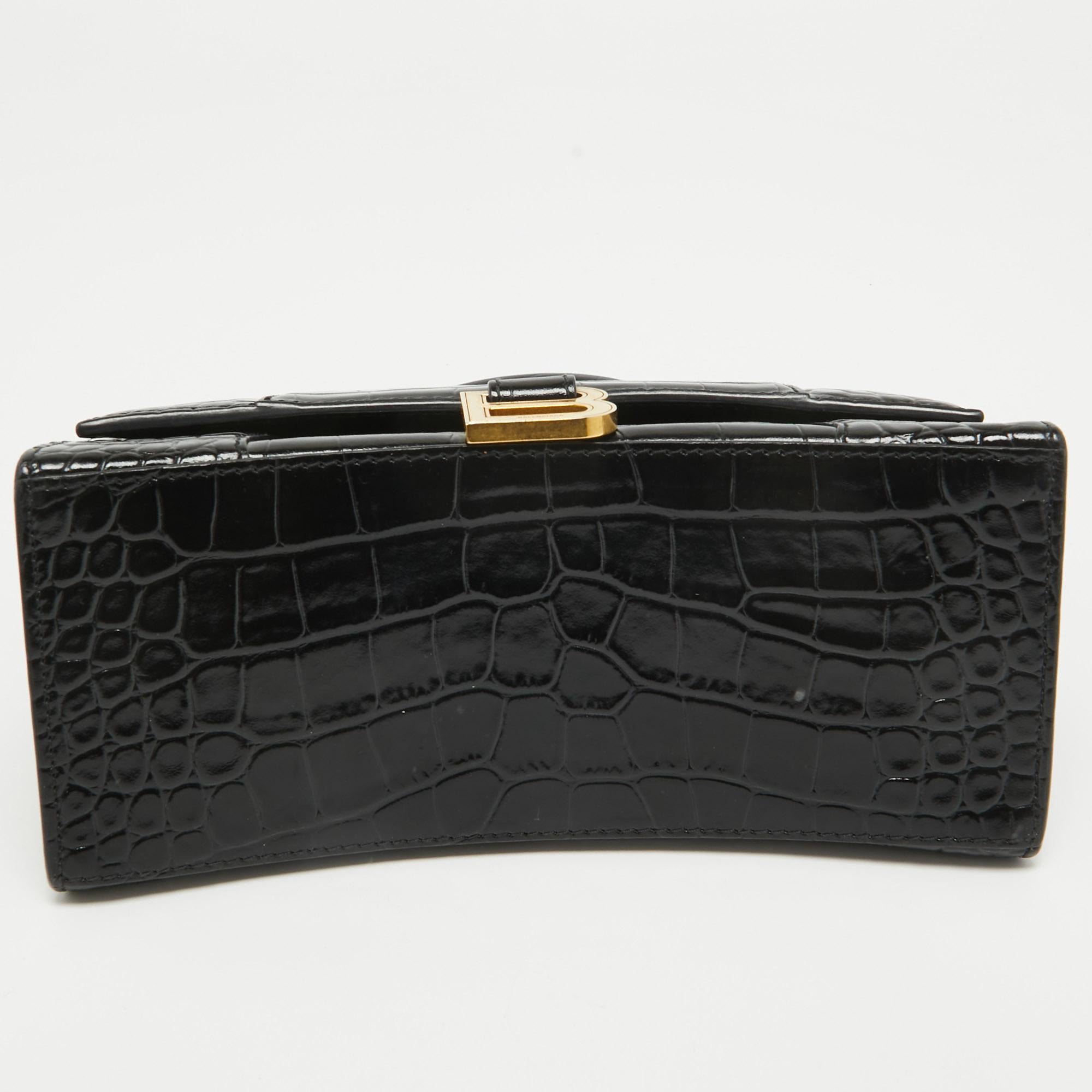 Balenciaga Black Croc Embossed Leather Small Hourglass Top Handle Bag 1