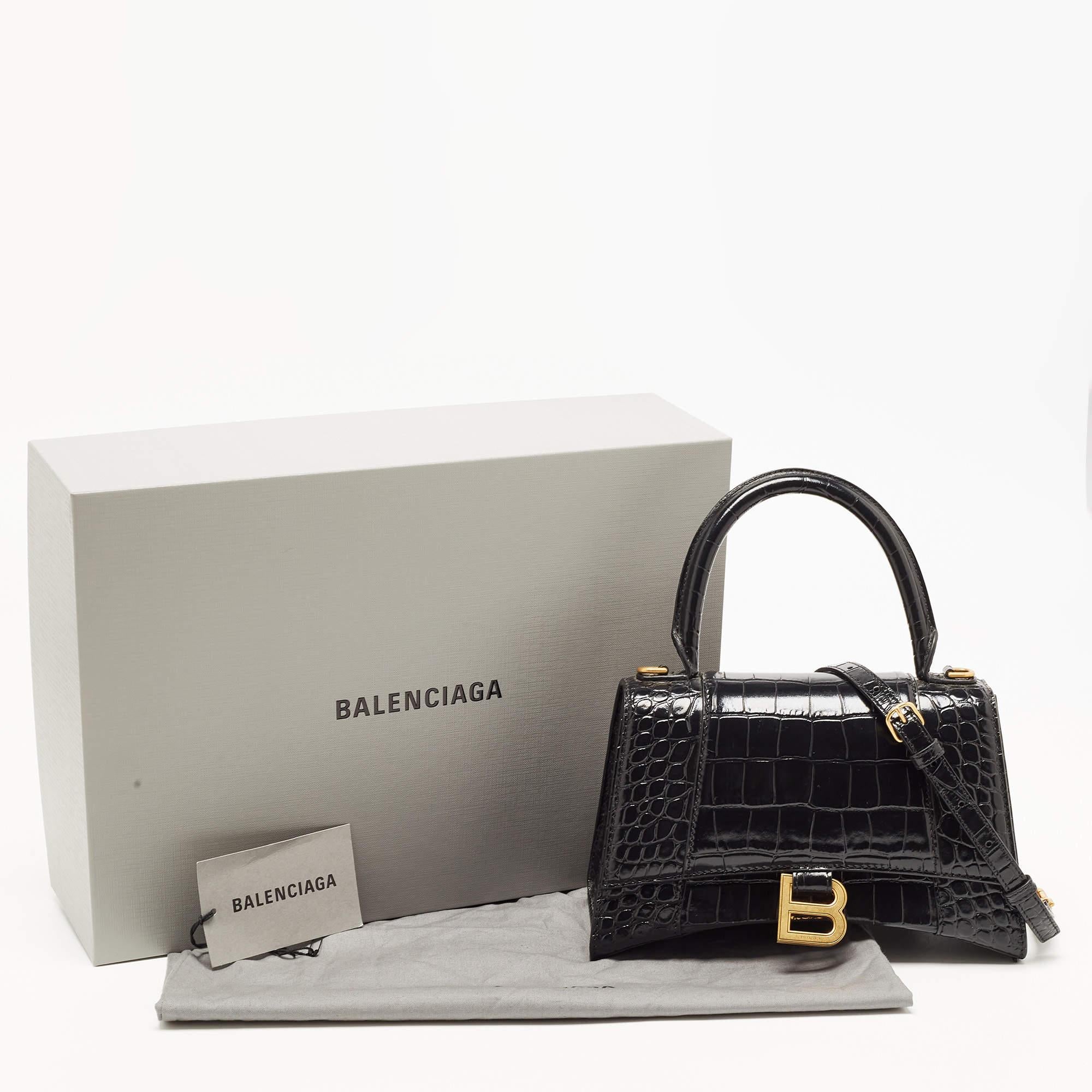 Balenciaga Black Croc Embossed Leather Small Hourglass Top Handle Bag 2