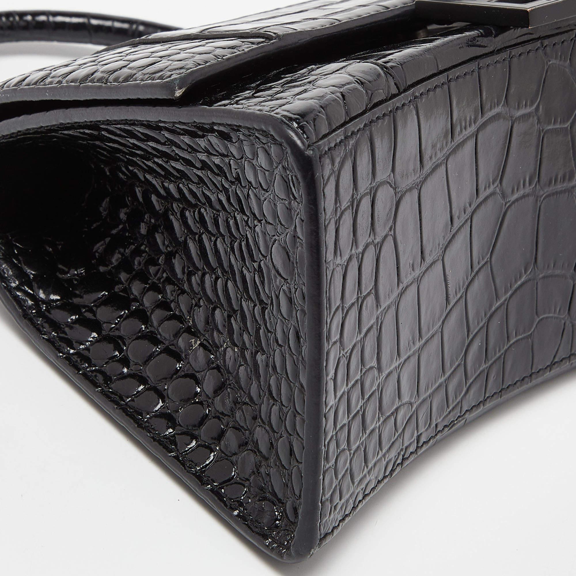 Balenciaga Black Croc Embossed Leather Small Hourglass Top Handle Bag 2