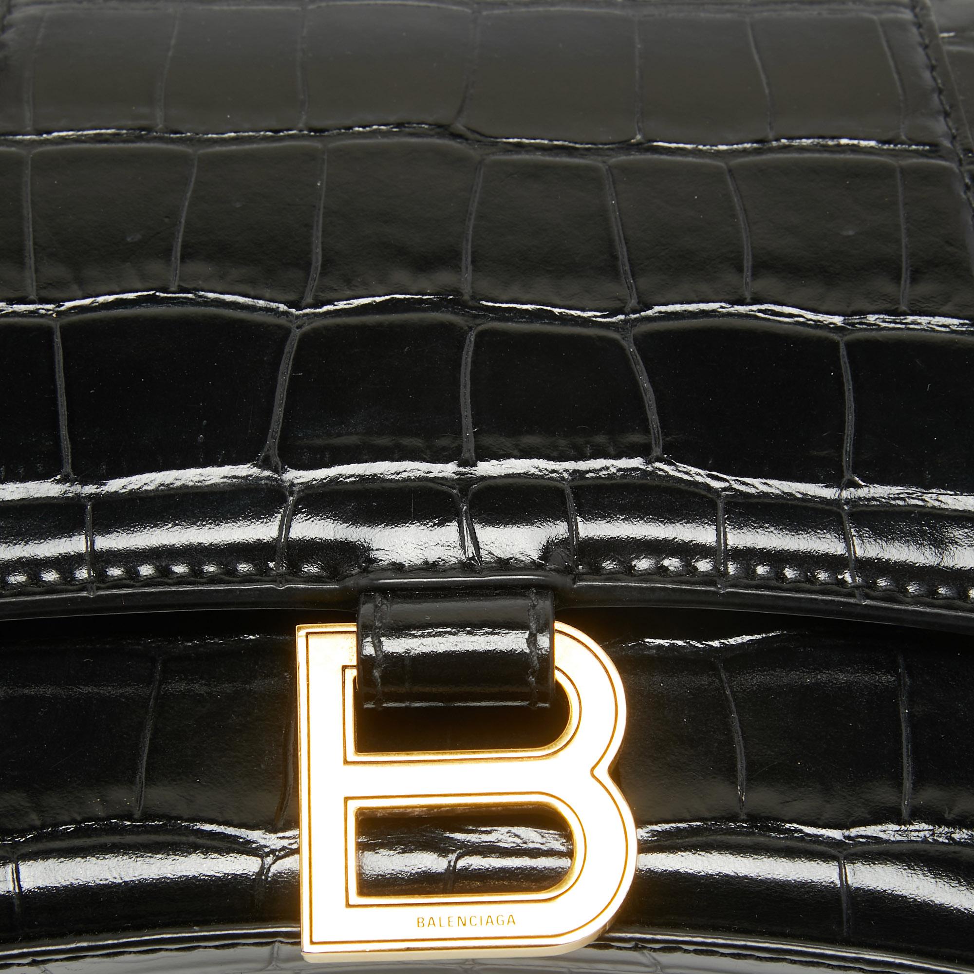 Balenciaga Black Croc Embossed Leather Small Hourglass Top Handle Bag 2