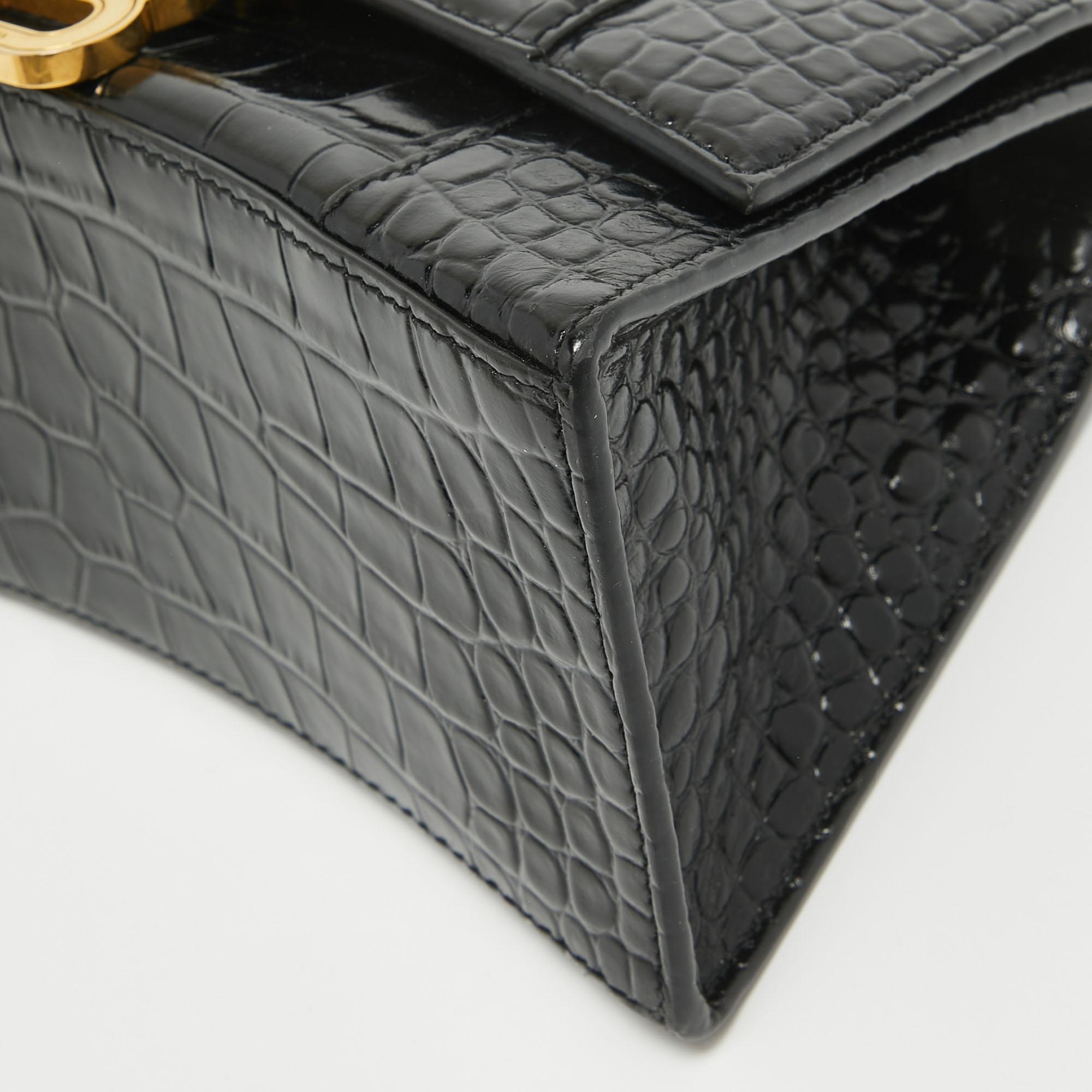 Balenciaga Black Croc Embossed Leather Small Hourglass Top Handle Bag 4