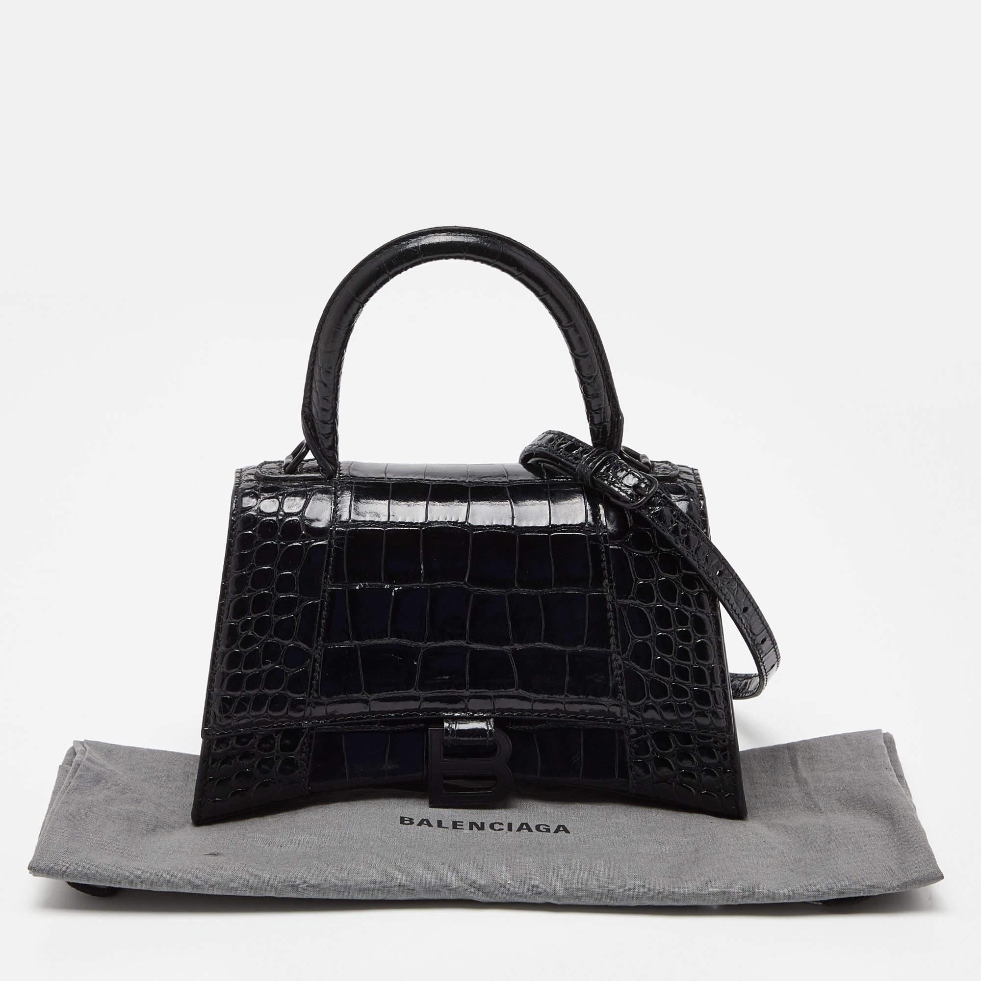 Balenciaga Black Croc Embossed Leather Small Hourglass Top Handle Bag 5