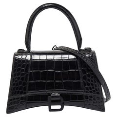 Balenciaga Black Croc Embossed Leather Small Hourglass Top Handle Bag