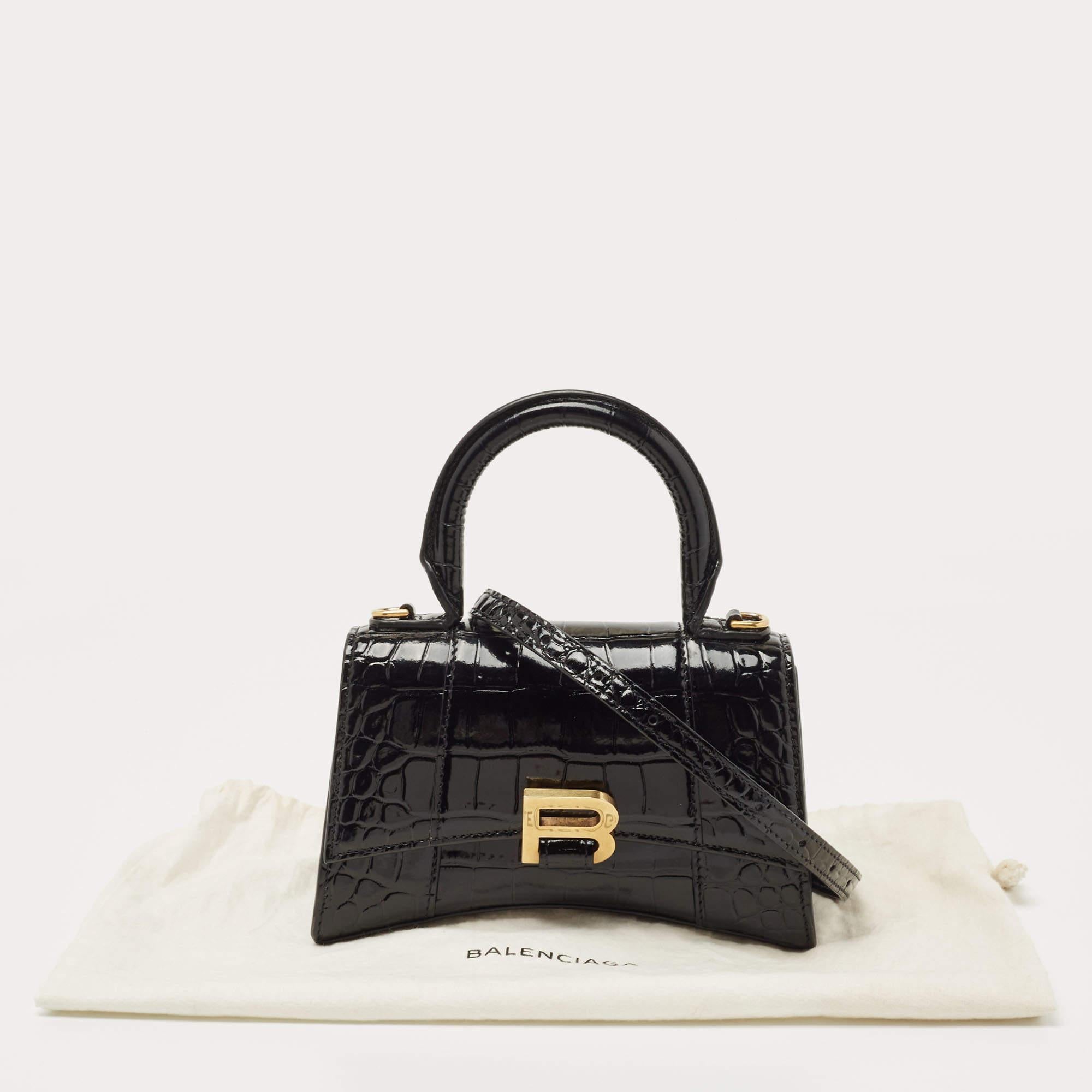 Balenciaga Black Croc Embossed Leather XS Hourglass Top Handle Bag 6