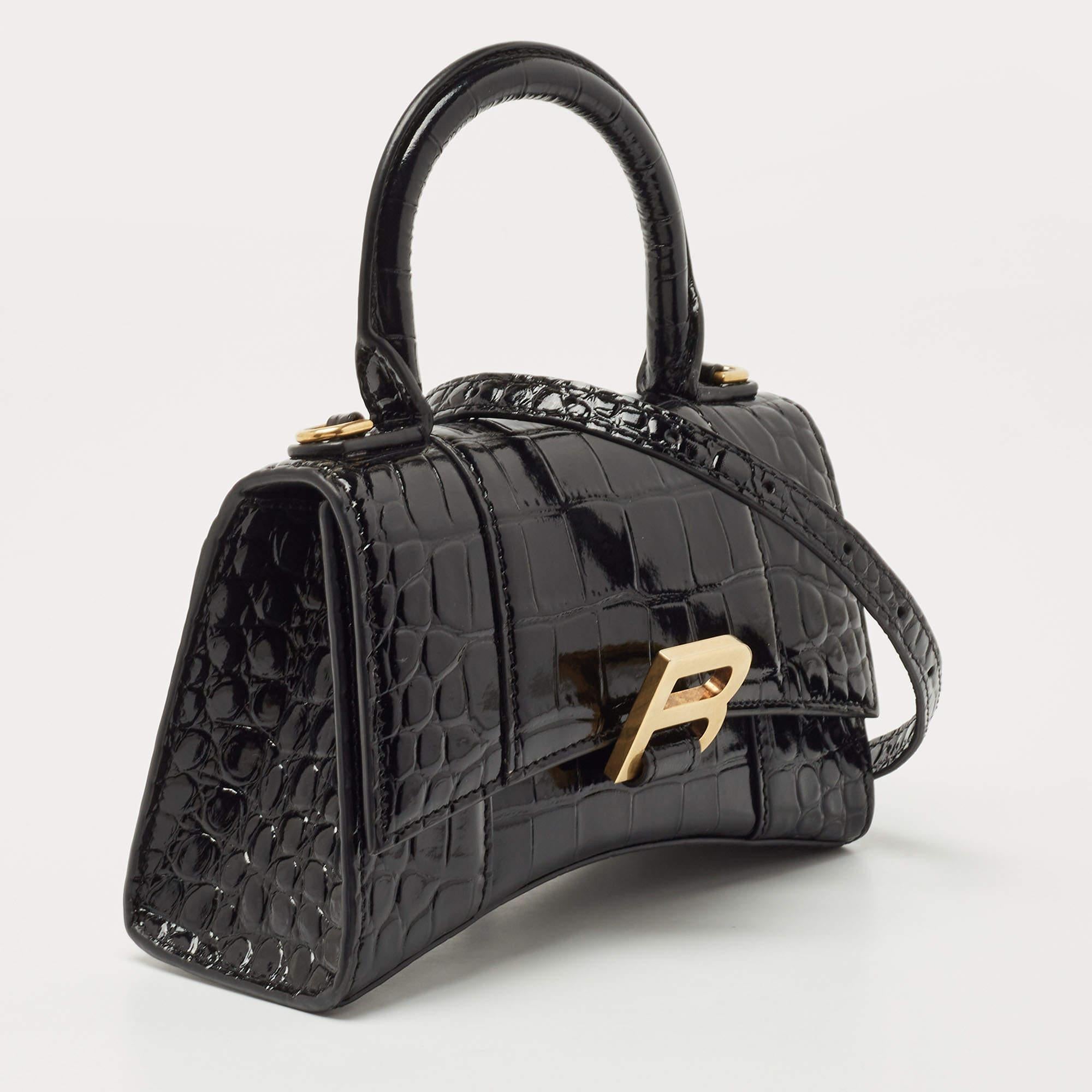 Women's Balenciaga Black Croc Embossed Leather XS Hourglass Top Handle Bag