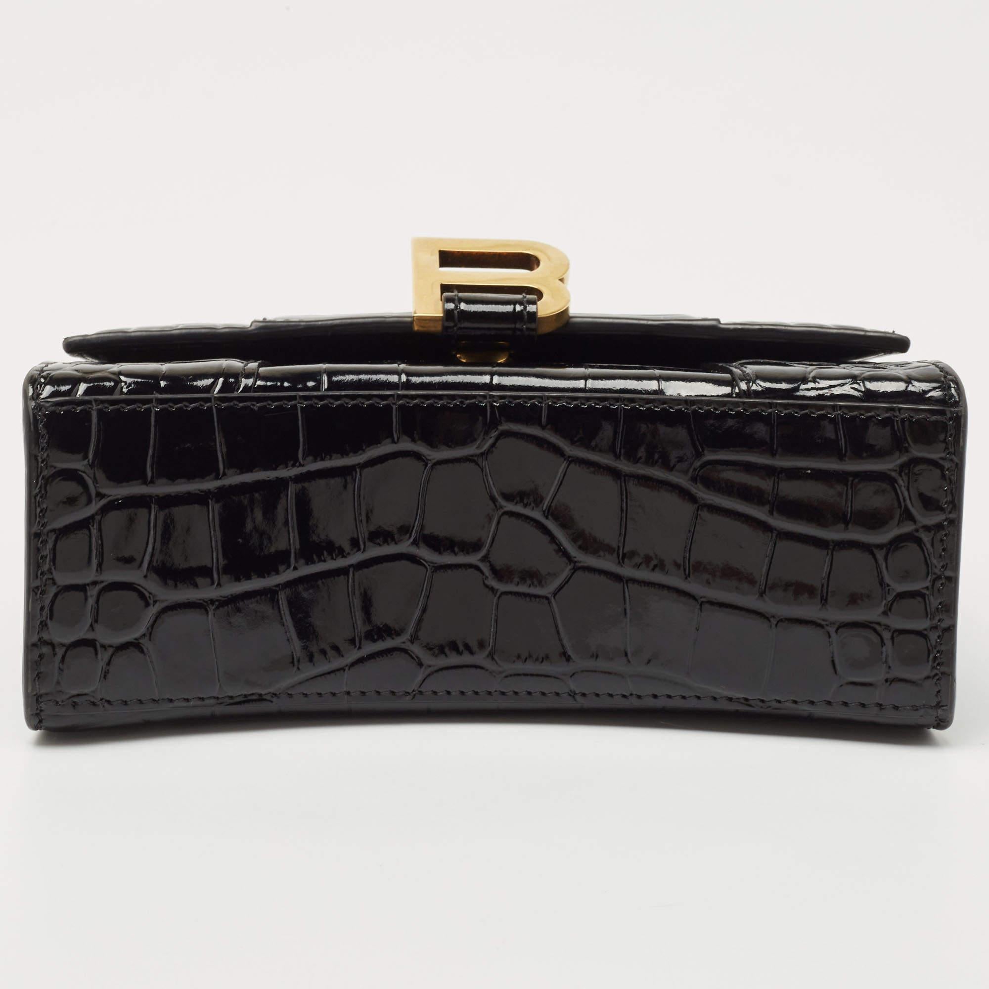 Balenciaga Black Croc Embossed Leather XS Hourglass Top Handle Bag 1