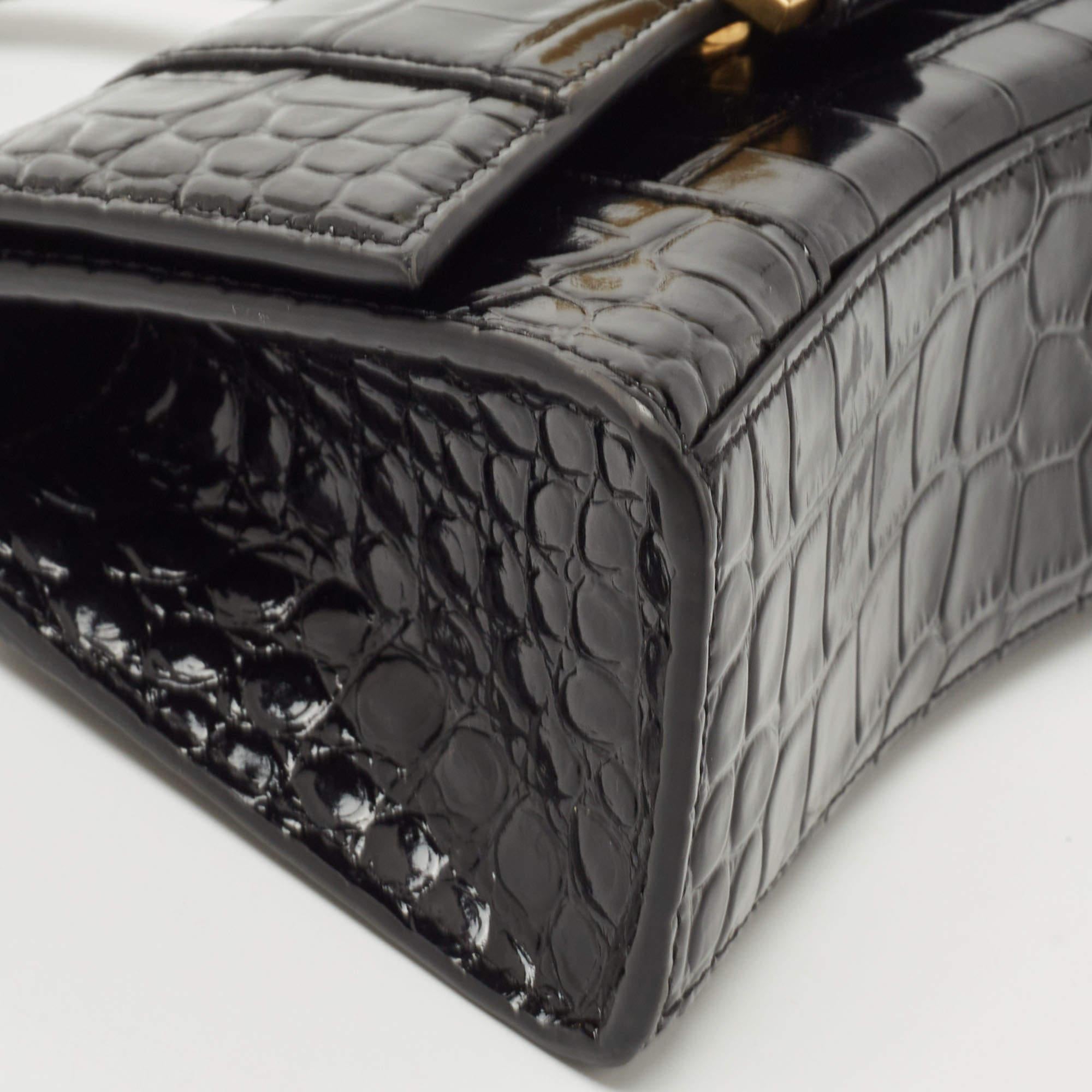 Balenciaga Black Croc Embossed Leather XS Hourglass Top Handle Bag 3