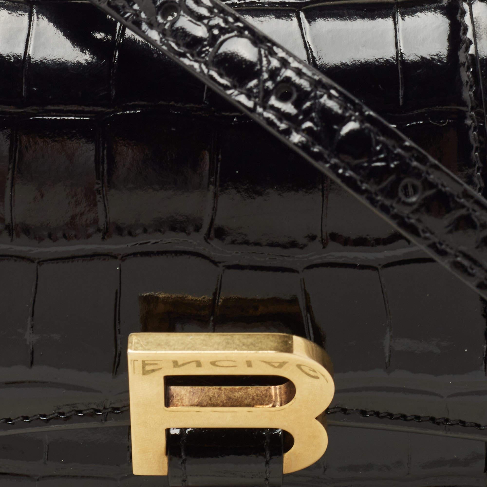 Balenciaga Black Croc Embossed Leather XS Hourglass Top Handle Bag 5