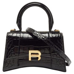 Balenciaga Black Croc Embossed Leather XS Hourglass Top Handle Bag