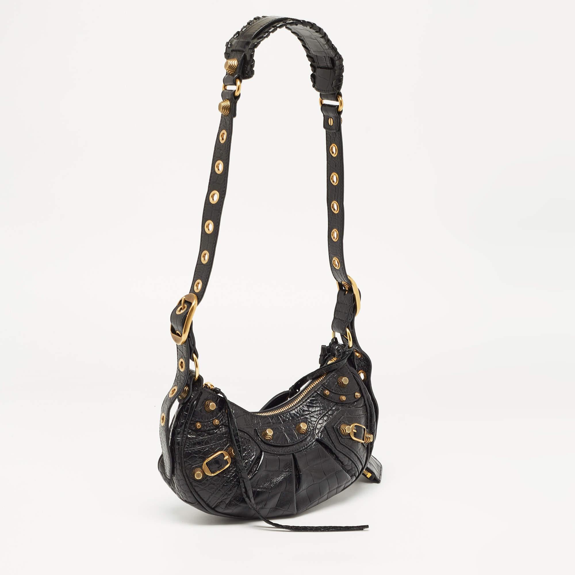 Women's Balenciaga Black Croc Embossed Leather XS Le Cagole Shoulder Bag For Sale