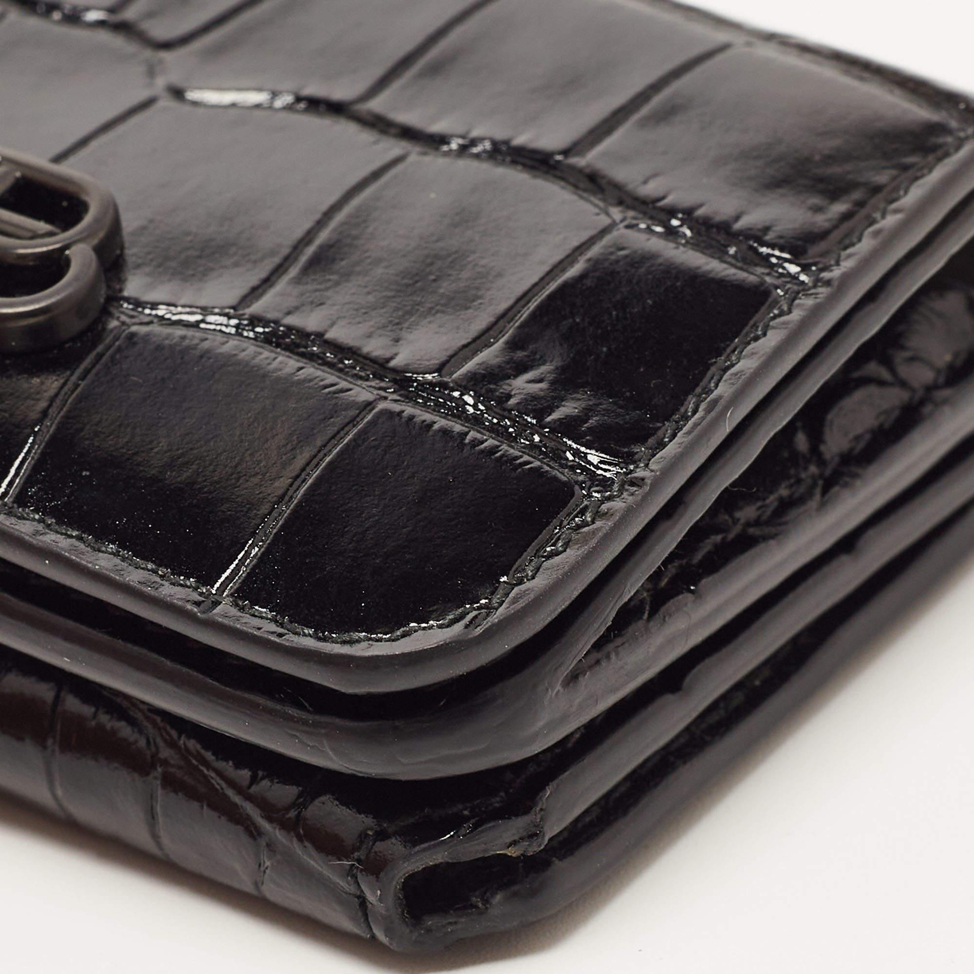 Balenciaga Black Croc Embossed Shiny Leather Mini BB Wallet 6