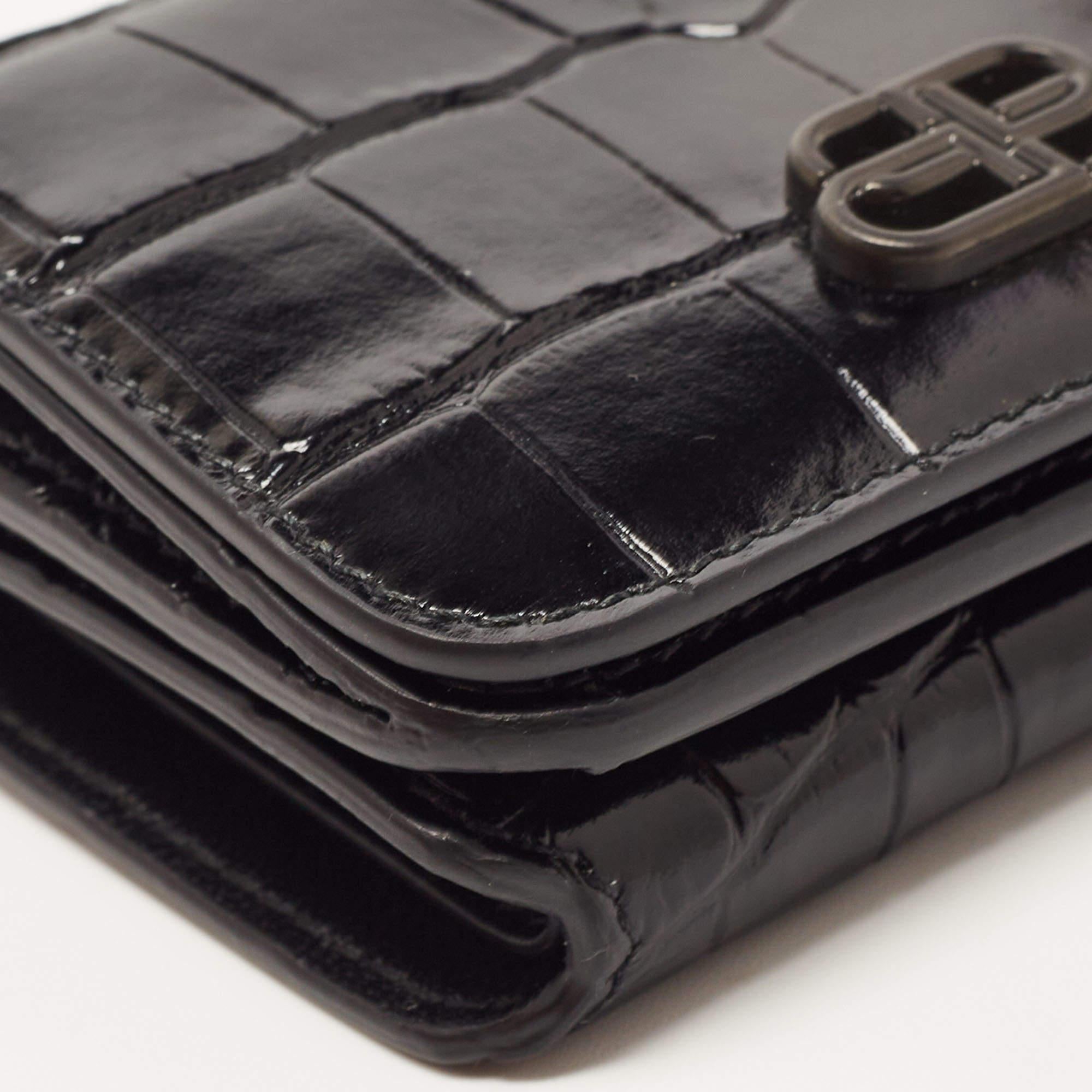 Balenciaga Black Croc Embossed Shiny Leather Mini BB Wallet 7
