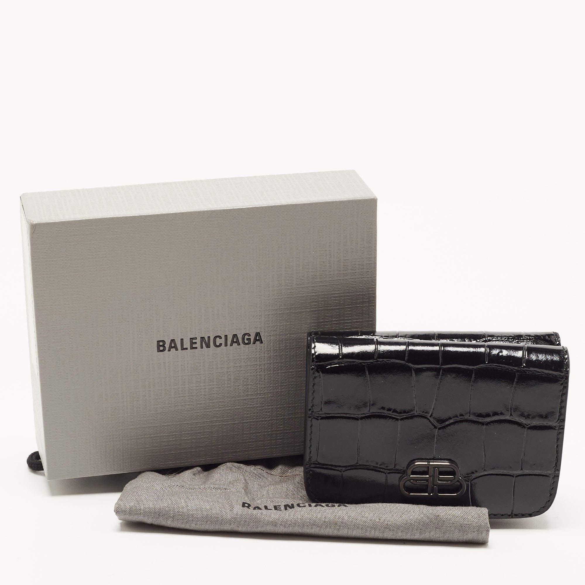 Balenciaga Black Croc Embossed Shiny Leather Mini BB Wallet 8