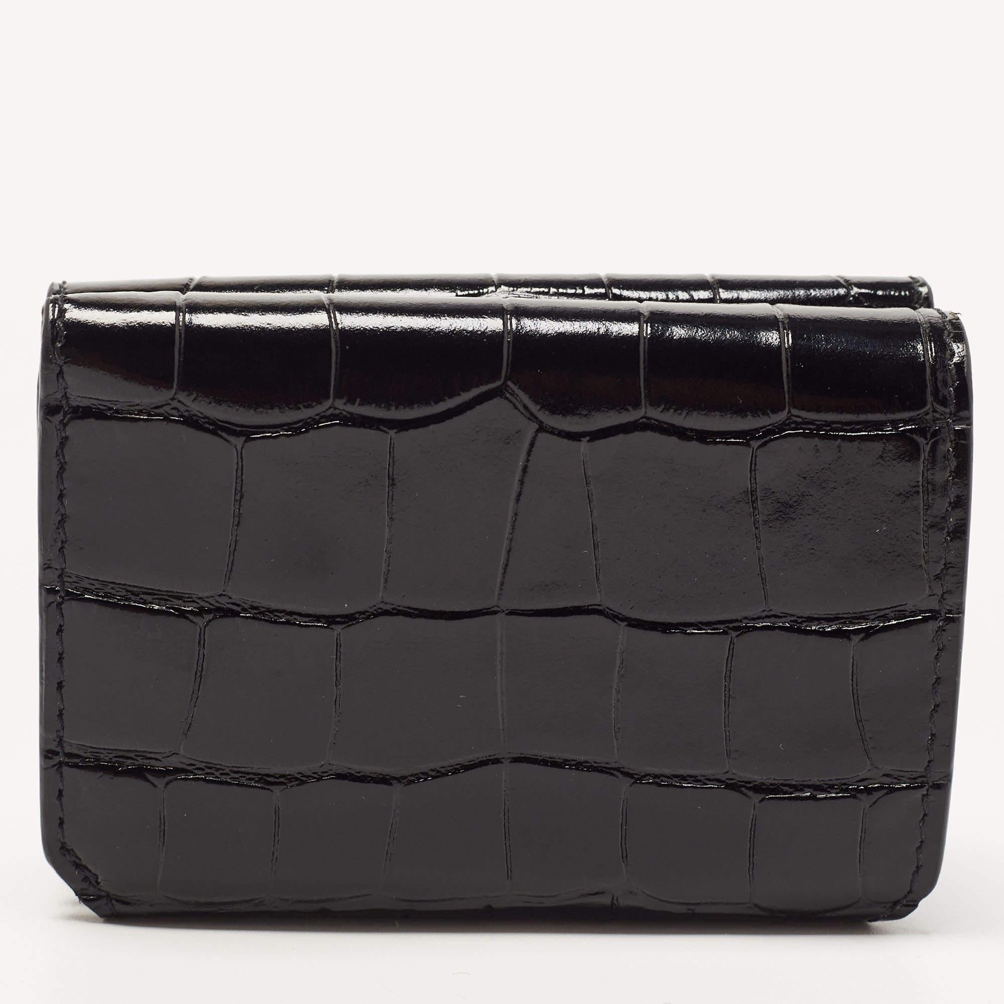 Women's Balenciaga Black Croc Embossed Shiny Leather Mini BB Wallet