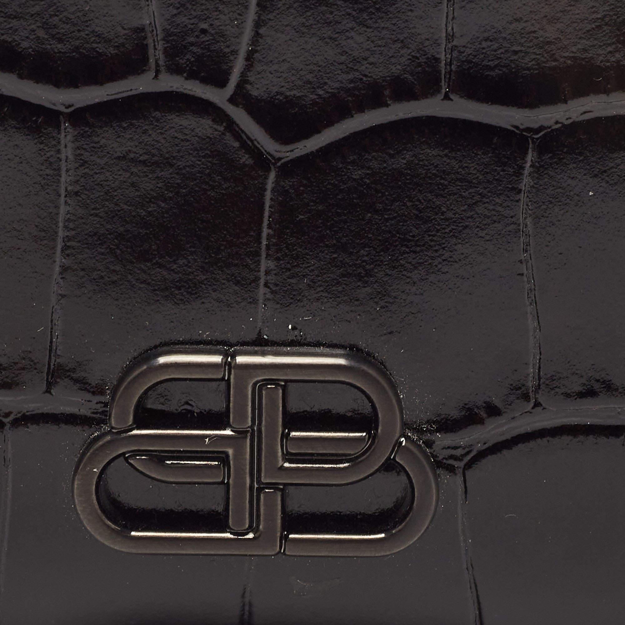 Balenciaga Black Croc Embossed Shiny Leather Mini BB Wallet 4
