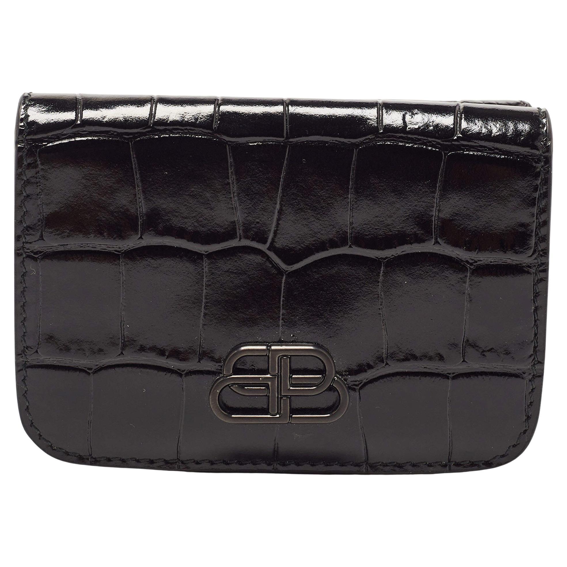 Balenciaga Black Croc Embossed Shiny Leather Mini BB Wallet
