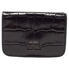 Balenciaga Black Croc Embossed Shiny Leather Mini BB Wallet