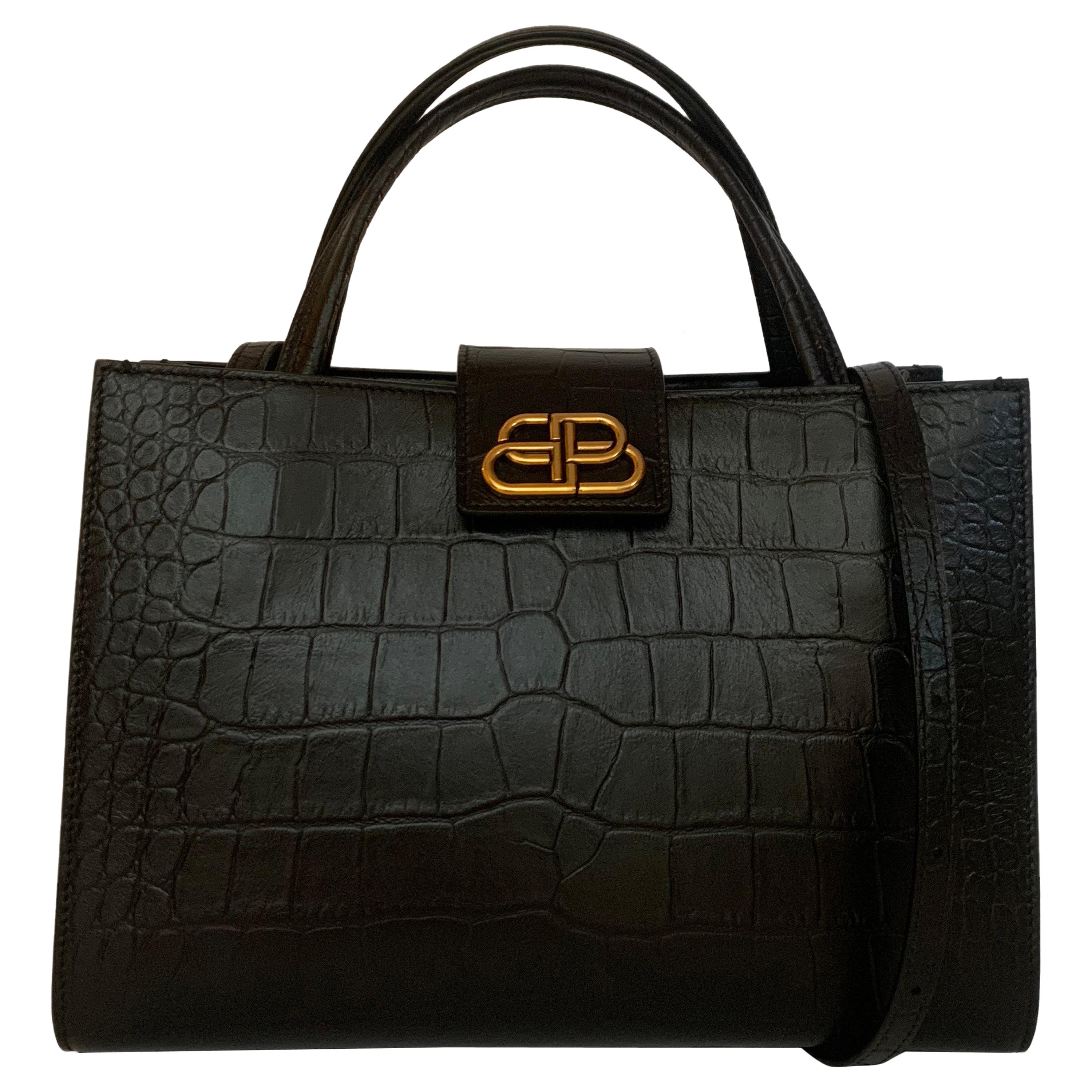 Balenciaga Black Crocodile Embossed Sharp M Tote Bag w. Strap