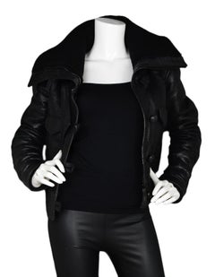 Balenciaga Black Cropped Leather Bomber Jacket W/ Knit Cowl Neck Sz 6