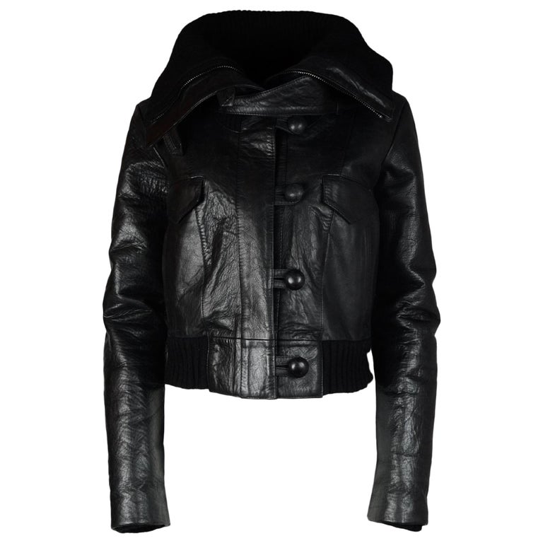 Balenciaga Black Cropped Leather Bomber Jacket W/ Knit Cowl Neck Sz 6 ...