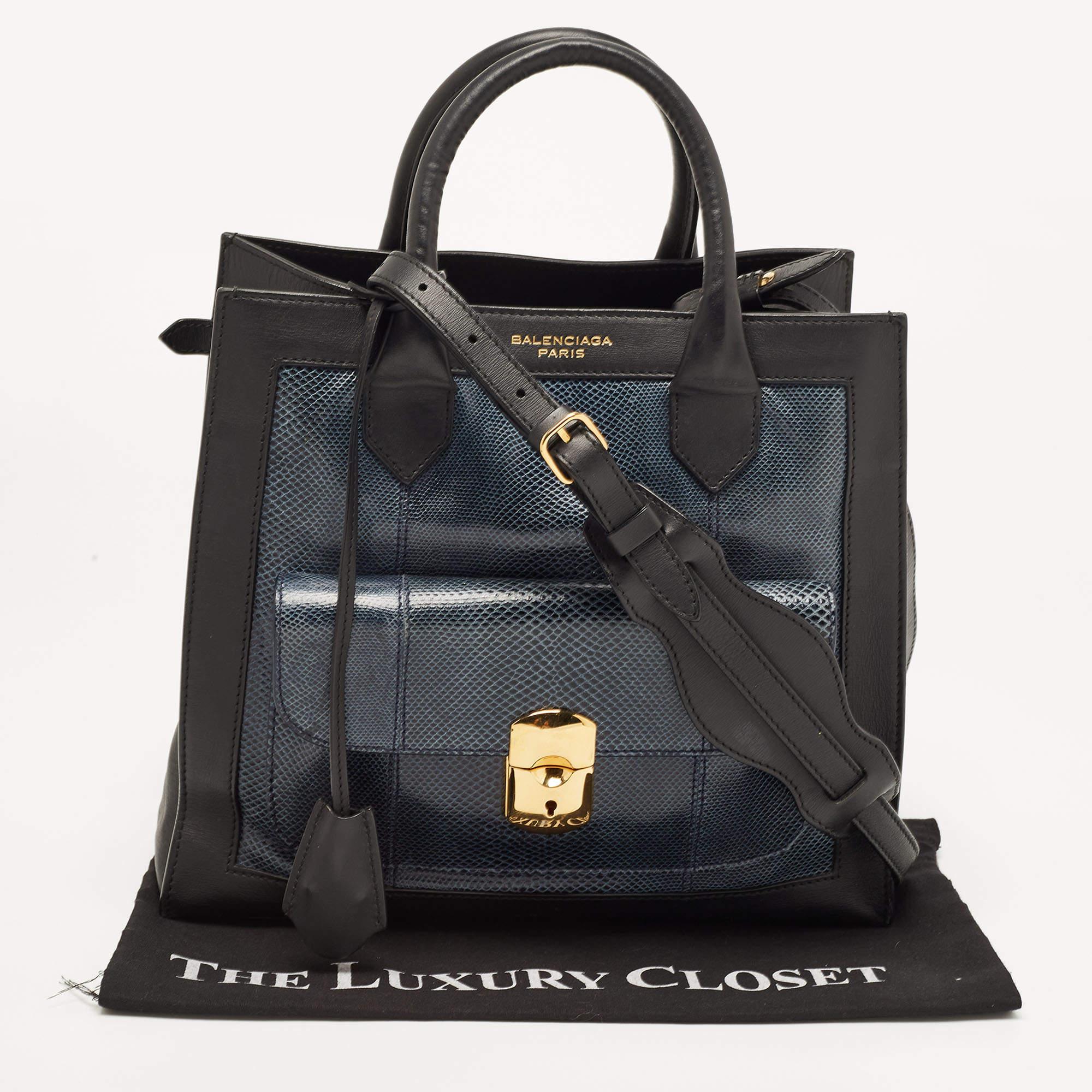 Balenciaga Black/Dark Blue Leather and Lizard Padlock All Afternoon Tote 15