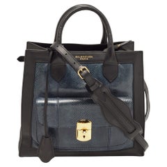 Balenciaga Black/Dark Blue Leather and Lizard Padlock All Afternoon Tote
