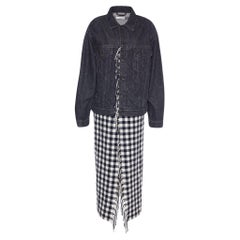 Balenciaga Black Denim & Checkered Wool Button Front Long Coat 