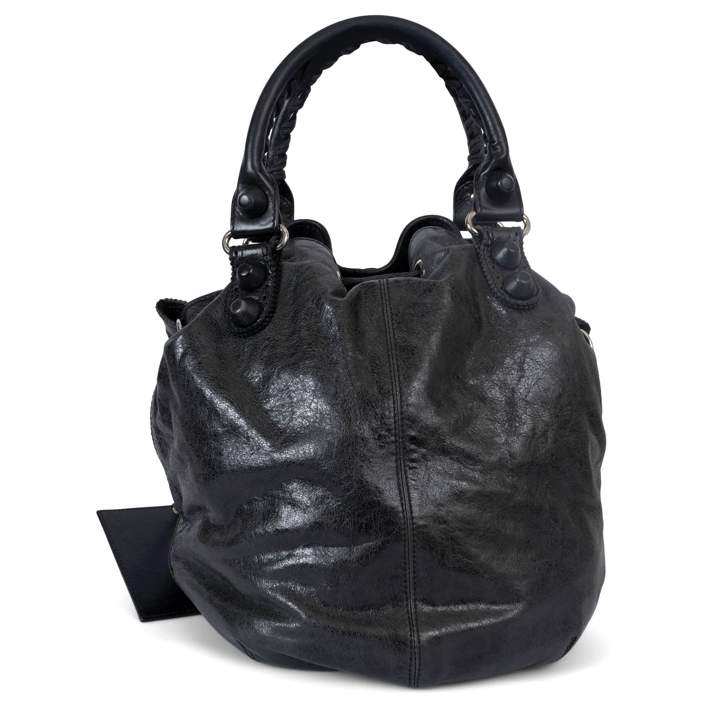 Black BALENCIAGA black distressed leather GIANT COVERED POMPON Hobo Bag