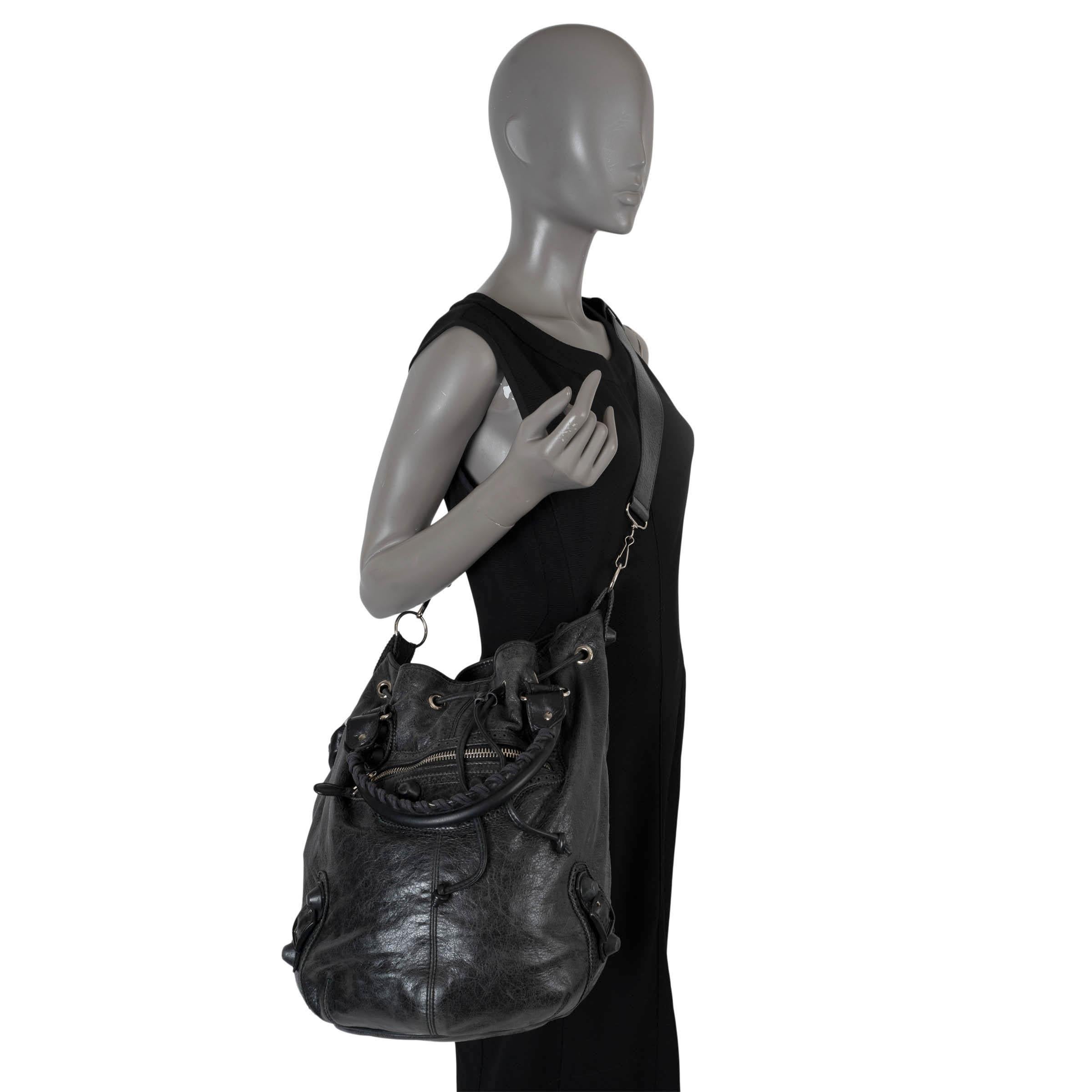 BALENCIAGA black distressed leather GIANT COVERED POMPON Hobo Bag 4
