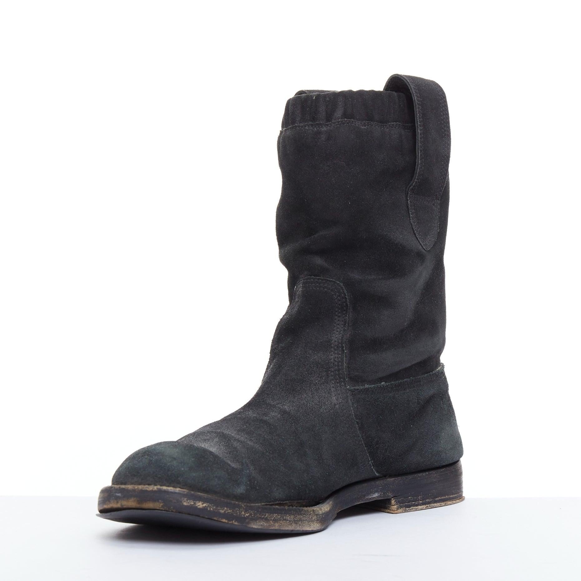 BALENCIAGA black distressed suede leather elastic flat boots In Fair Condition For Sale In Hong Kong, NT