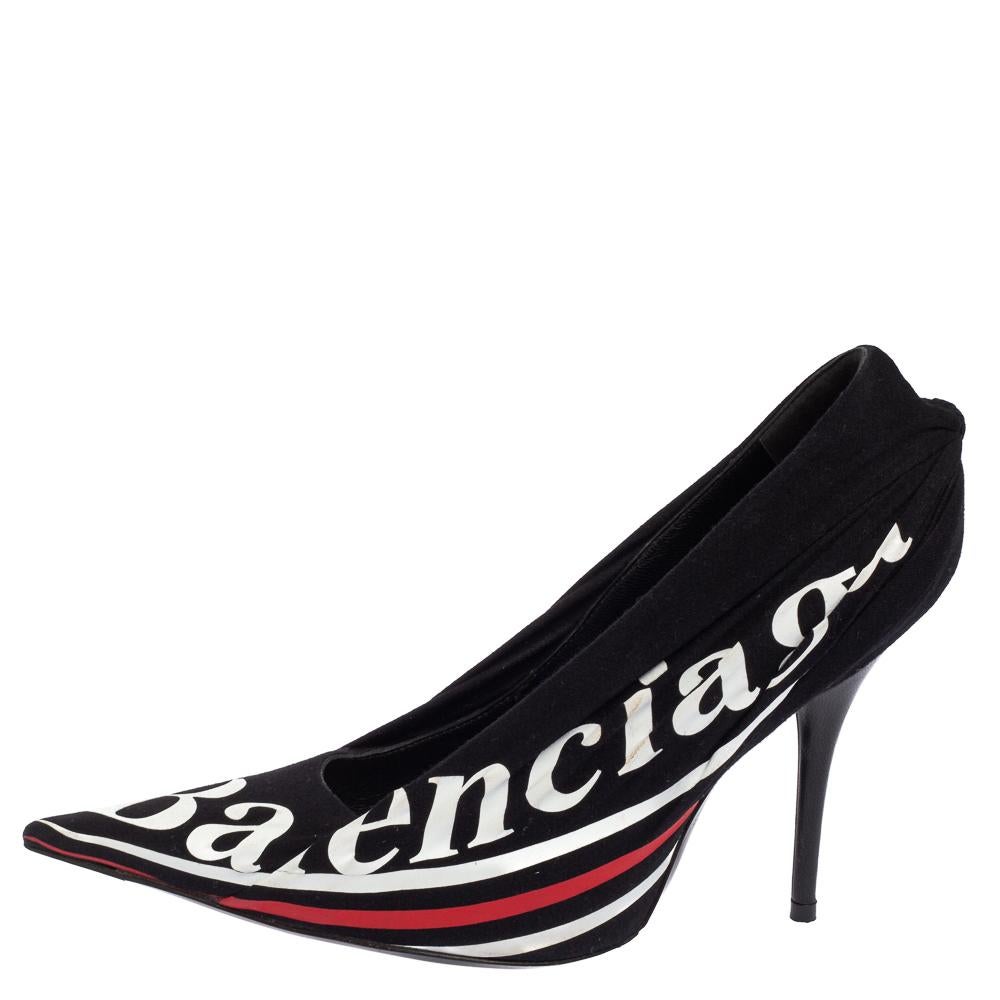 Women's Balenciaga Black Fabric And Leather Knife Logo Pointed Toe Pumps Size 36